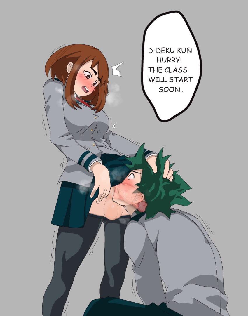 blush, fellatio, futa on male, futanari, intersex, izuku midoriya, male, my hero academia, ochako uraraka, open mouth, oral, penis, speech bubble