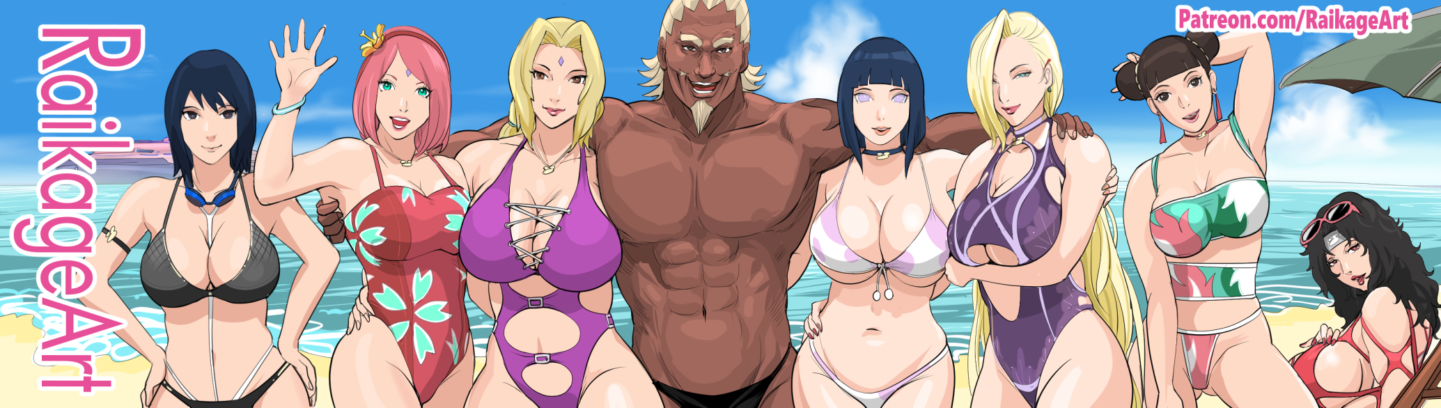 1boy, 6+girls, 7girls, artist name, beach, big breasts, bikini, black eyes, black hair, blonde hair, blue eyes, boruto: naruto next generations, breasts, breasts bigger than head, brown eyes, cheating, cheating wife, dark skin, dark-skinned male, female, goggles, hair bun, harem, haruno sakura, huge breasts, hyuuga hinata, ino yamanaka, interracial, kurenai yuhi, large breasts, male, mature female, milf, multiple females, multiple girls, naruto, naruto (series), navel, netorare, ntr, outside, pink hair, raikage, raikage art, sakura haruno, shizune, straight, swimsuit, take your pick, tenten, tsunade, uchiha sakura, uzumaki hinata, waving, yamanaka ino, yuuhi kurenai