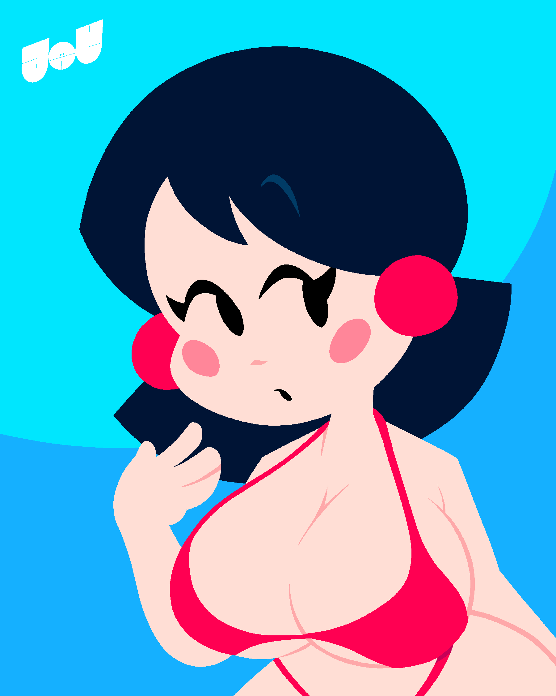 1girls, big breasts, bikini, black hair, blush, blushing, breasts, cleavage, earrings, eyelashes, fanning self, female, female only, jjoyplus, large breasts, light skin, light-skinned female, mob face, mouth open, no outlines, red bikini, short hair, simple background, simple eyes, small nose, solo, solo female, swimwear, tagme, thong bikini