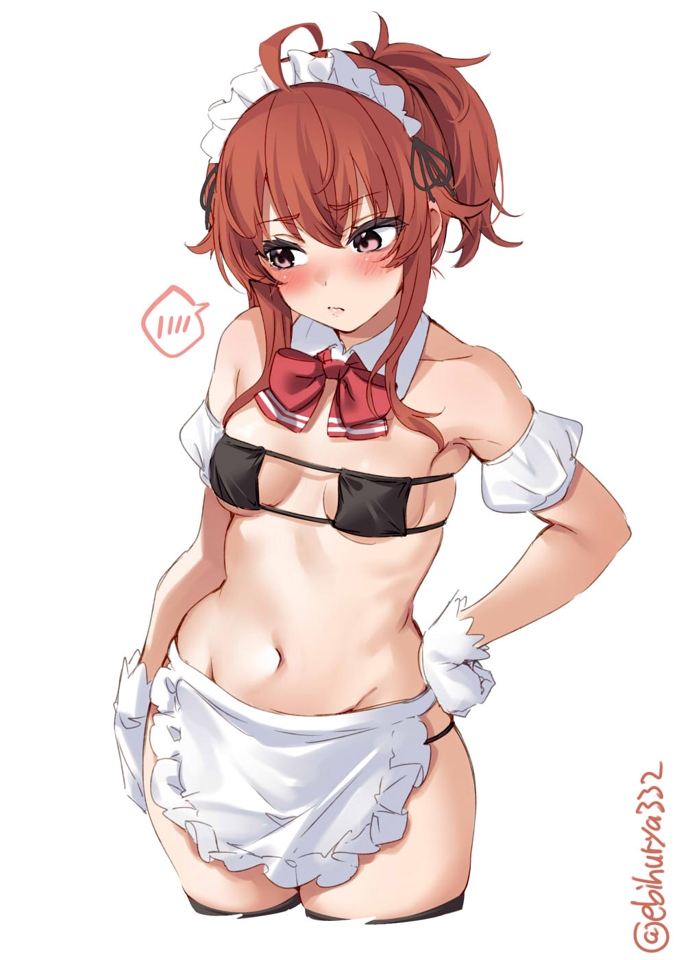 ahoge alternate_hairstyle apron arashi_(kantai_collection) bangs bare_shoulders bikini black_bikini black_ribbon blush breasts collarbone detached_collar ebifurya eyepatch_bikini facing_viewer female frilled_apron frills gloves groin hair_between_eyes hair_flaps hand_on_hip highres kantai_collection looking_to_the_side maid_headdress navel one-hour_drawing_challenge open_mouth ponytail red_hair ribbon sideways_glance simple_background skindentation small_breasts solo spoken_blush swimsuit thighhighs thighs twitter_username underboob waist_apron white_apron white_background white_gloves wide_hips