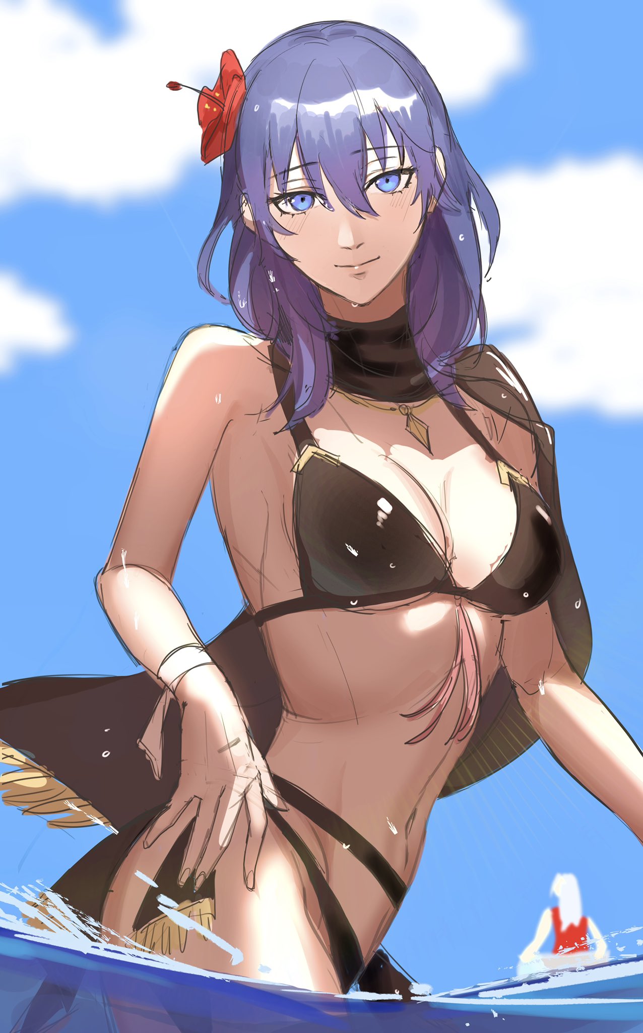 alternate_costume bikini black_bikini black_swimsuit breasts byleth_(fire_emblem) byleth_(fire_emblem)_(female) byleth_(summer)_(fire_emblem)_(female) female female_only fire_emblem fire_emblem:_three_houses fire_emblem_heroes looking_at_viewer nintendo official_alternate_costume solo swimsuit toho10min