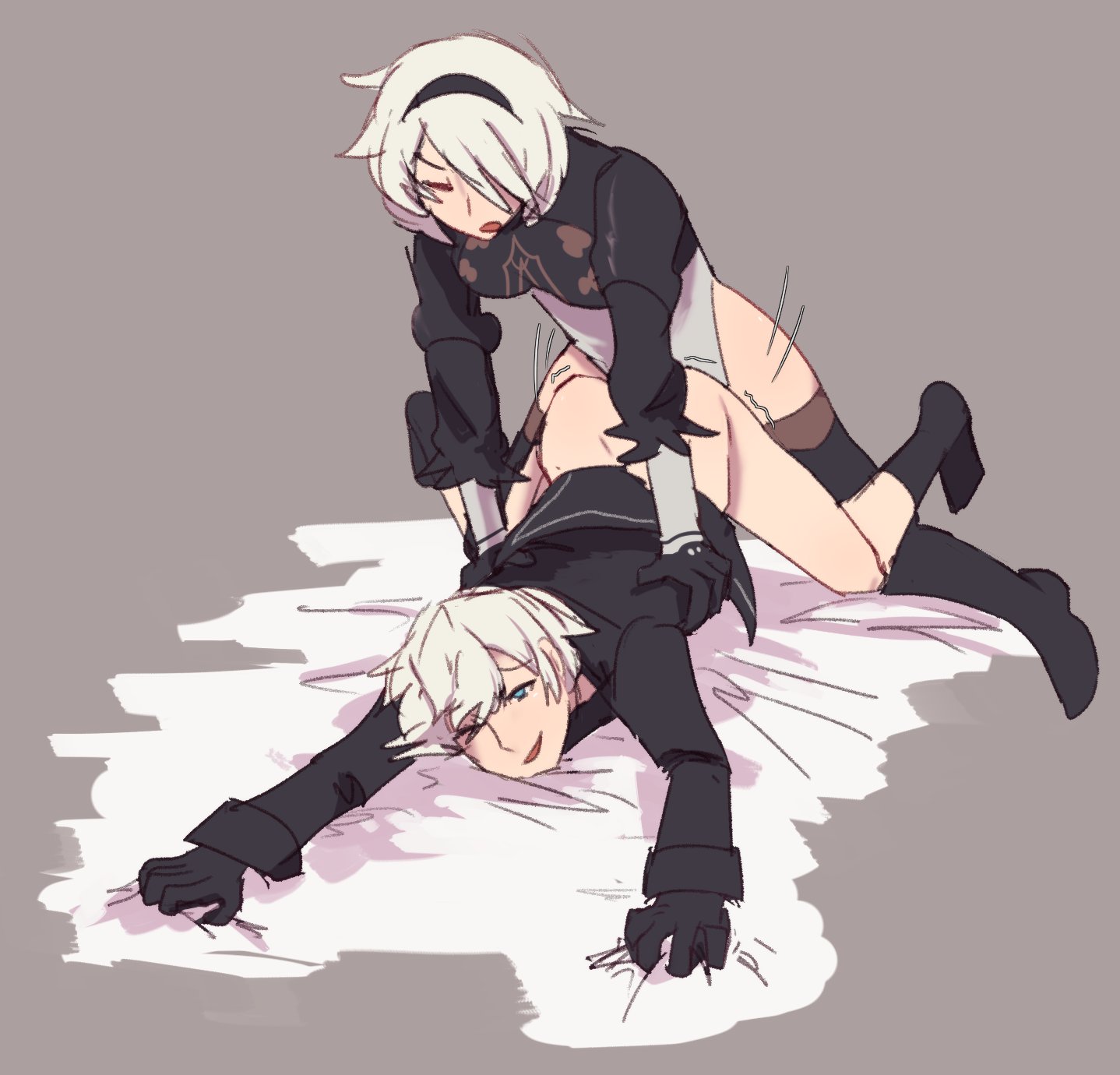 1boy, 1futa, anal, anal sex, bilefangz, bottomless, breasts, clothed, clothing, duo, futa on male, futadom, futanari, hairband, human, implied futa, intersex, light skin, light-skinned futa, light-skinned male, male, malesub, nier, nier: automata, on stomach, partially clothed, sex, short hair, thighhighs, white hair, yorha 2b, yorha 9s