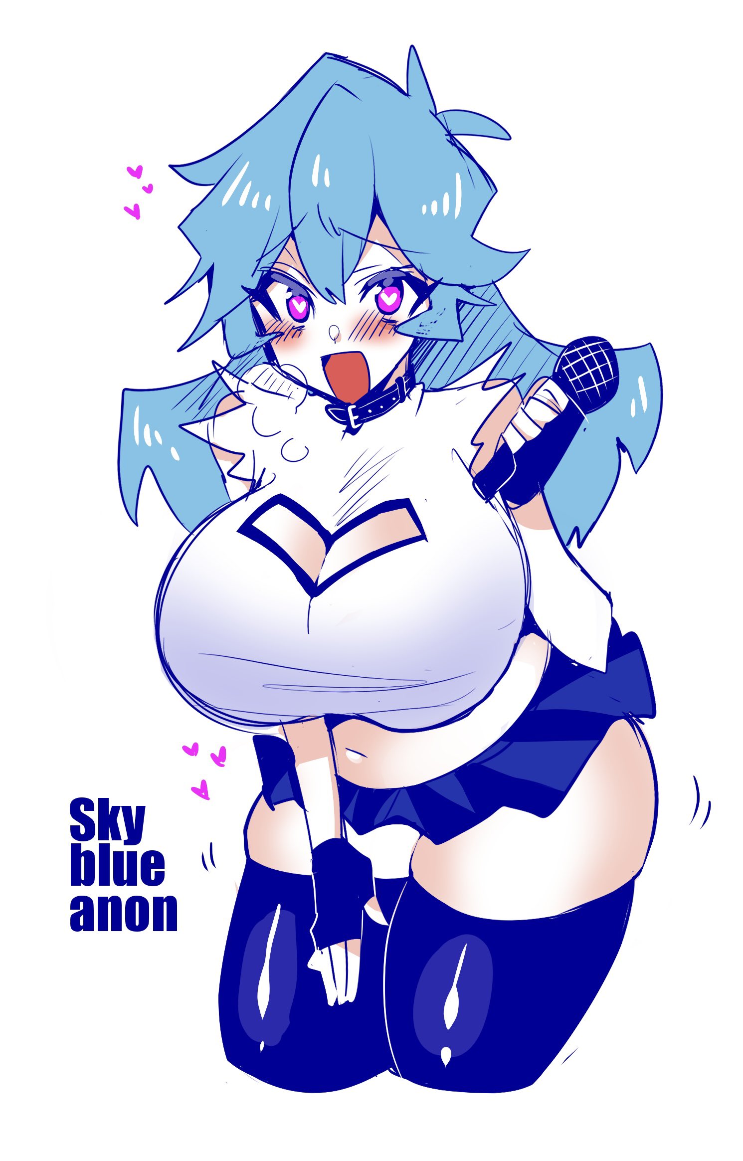 big breasts, blue hair, breasts, chubby female, collar, female, friday night funkin, hand on own thigh, heart, hearts in eyes, jiggling, microphone, open mouth, pink eyes, sky (friday night funkin), skyblue, skyverse, staring at viewer, thick thighs
