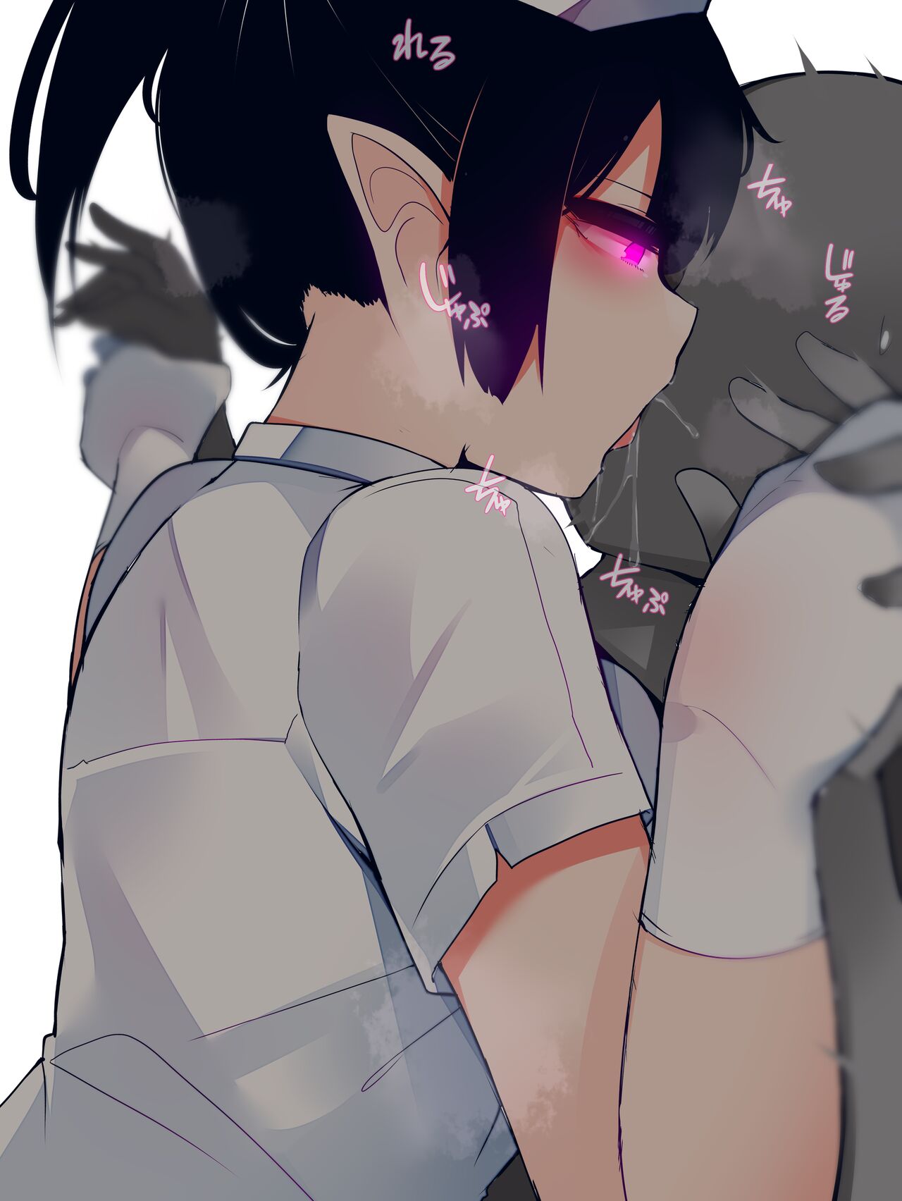 1boy, 1girls, big breasts, breasts, demon, female, femdom, french kiss, gloves, hand holding, japanese text, kissing, kuroishimebo, long ears, male, nurse, pointy ears, purple eyes, saliva, succubus, text, tongue, translation request