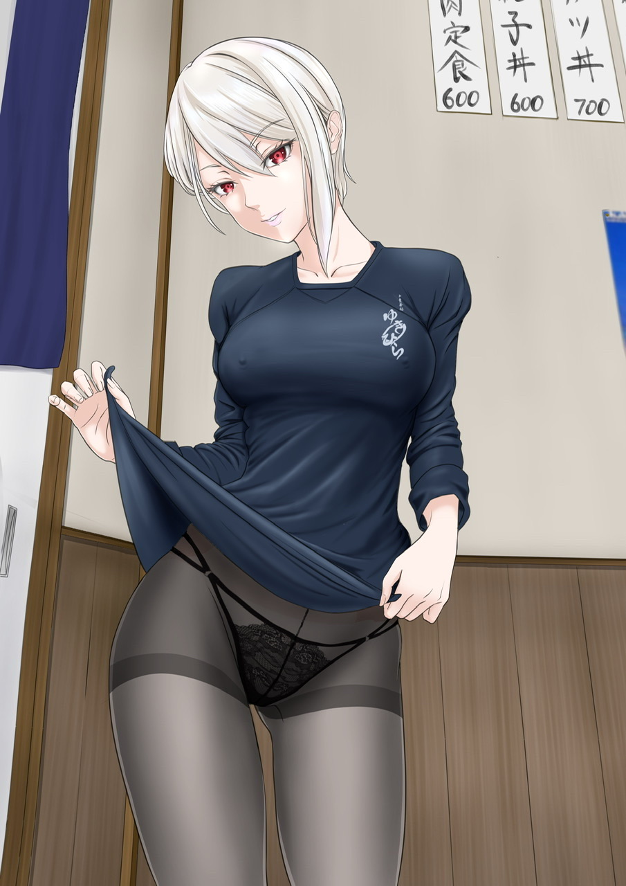 1girls, artist request, female, flashing, nakiri alice, panties, pantyhose, shokugeki no souma, white hair, white-haired female