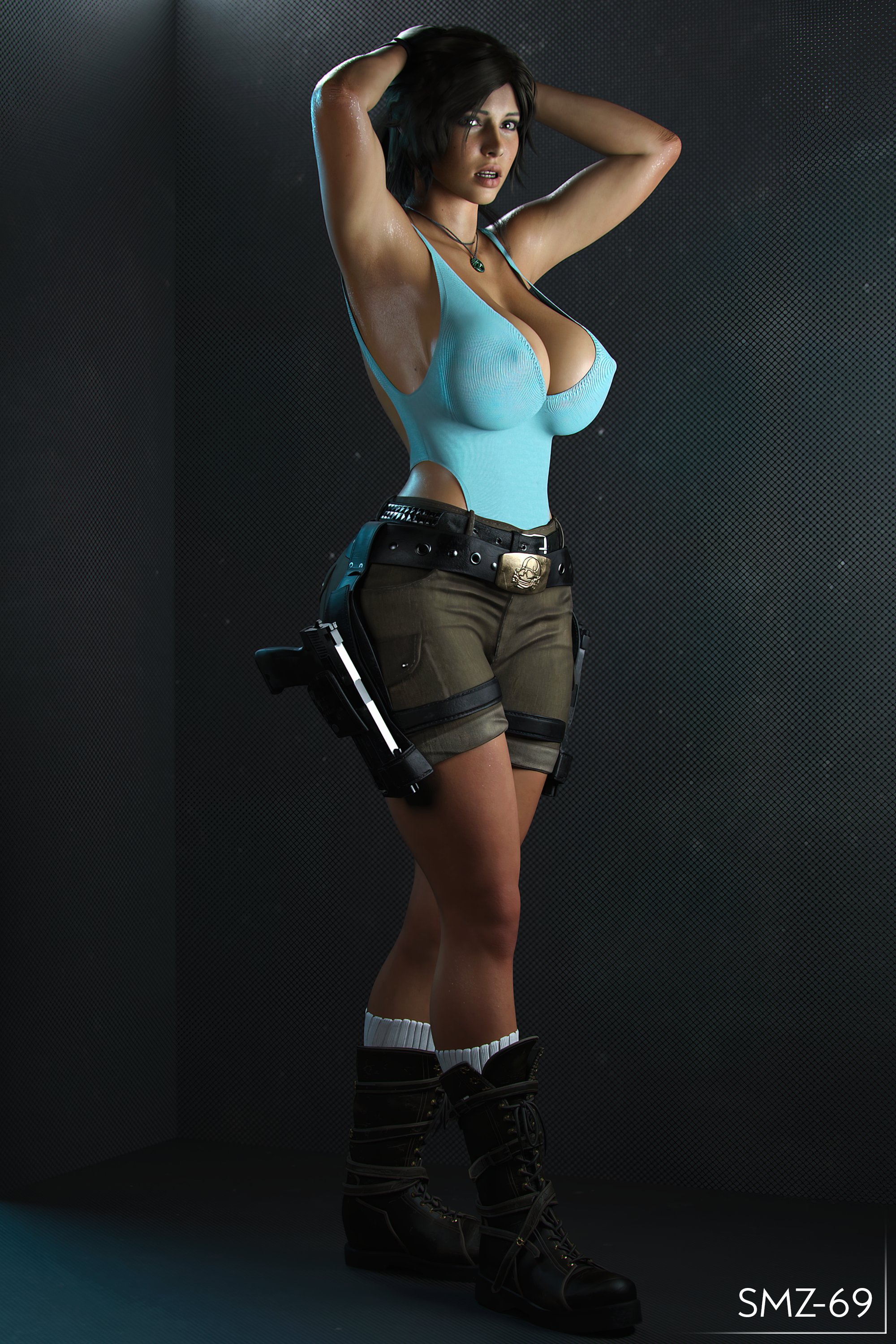 1girls, 3d, armpits, arms up, big breasts, breasts, busty, cleavage, female, female focus, female only, full body, hourglass figure, lara croft, lara croft (survivor), large breasts, leotard, pose, posing, short shorts, smz-69, solo, sweat, tomb raider, tomb raider (survivor), wide hips