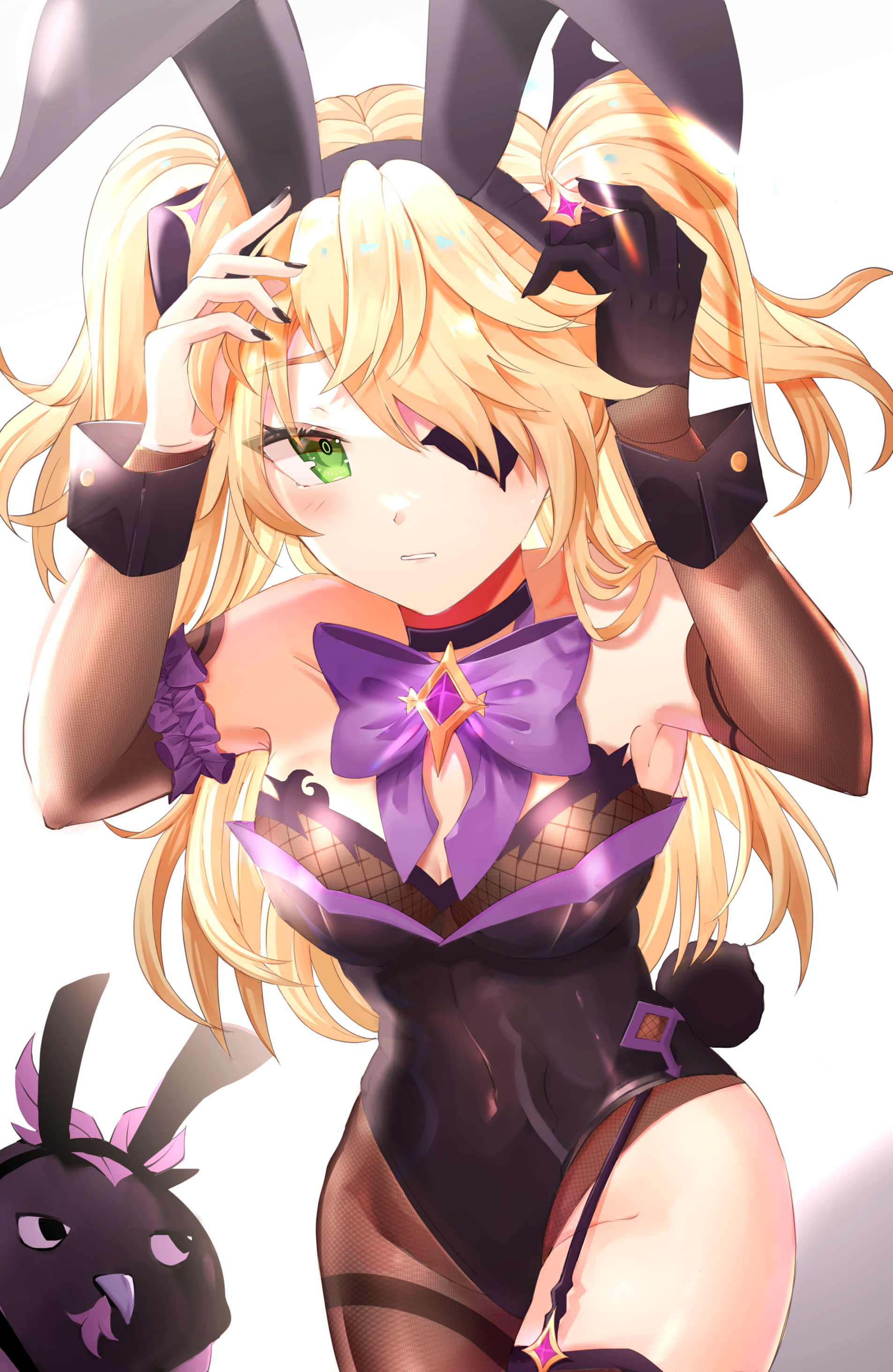 1girls, artist request, blonde hair, bunny ears, bunnysuit, dress, eyepatch, female, fischl (genshin impact), genshin impact, green eyes, light skin, long hair