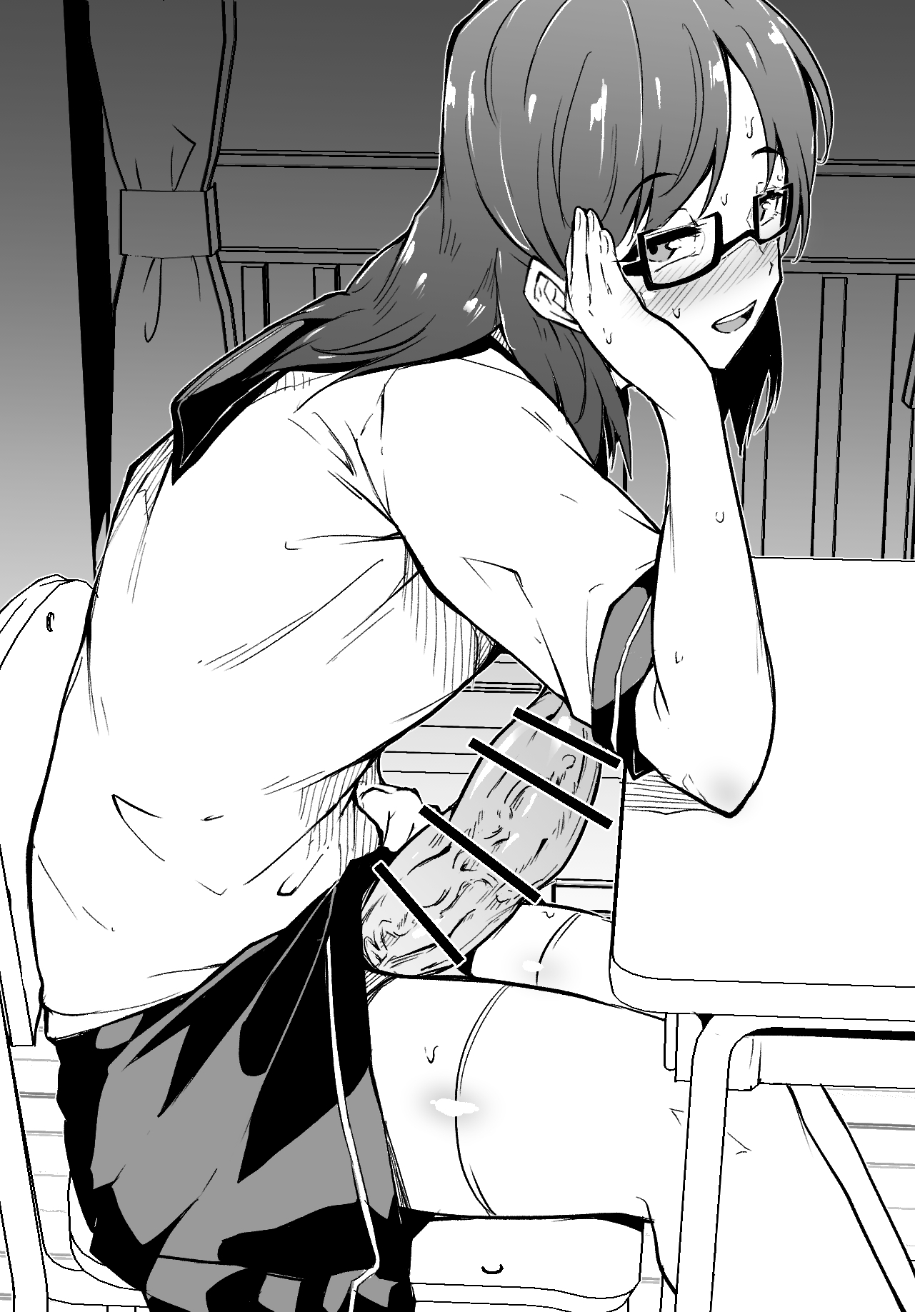 1futa, big penis, breasts, censor bar, censored, clothed, clothing, desk, erection, fat cock, futa only, futanari, glasses, human, imminent fellatio, imminent oral, intersex, large penis, looking at viewer, makin tama, monochrome, mostly clothed, penis, pent up, school, school uniform, side view, sitting, skirt, solo, throbbing penis