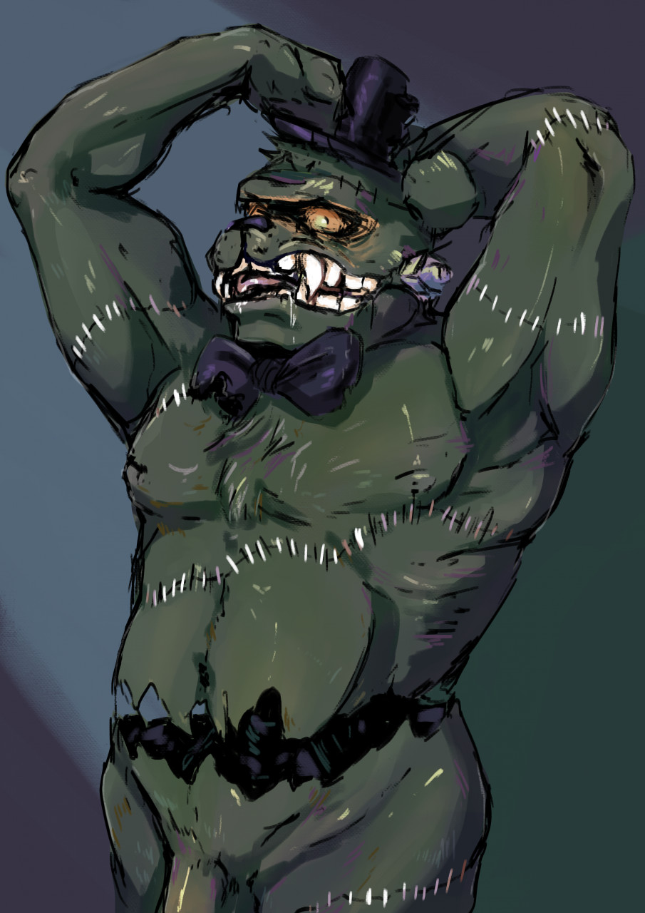 2022 animatronic anthro bara bodily_fluids bow_tie bunnysuitconman clothing digital_media_(artwork) dreadbear fangs five_nights_at_freddy's five_nights_at_freddy's_vr:help_wanted genitals hat headgear headwear hi_res machine male male_only mammal penis robot scottgames simple_background solo stitch_(sewing) ursid video_games