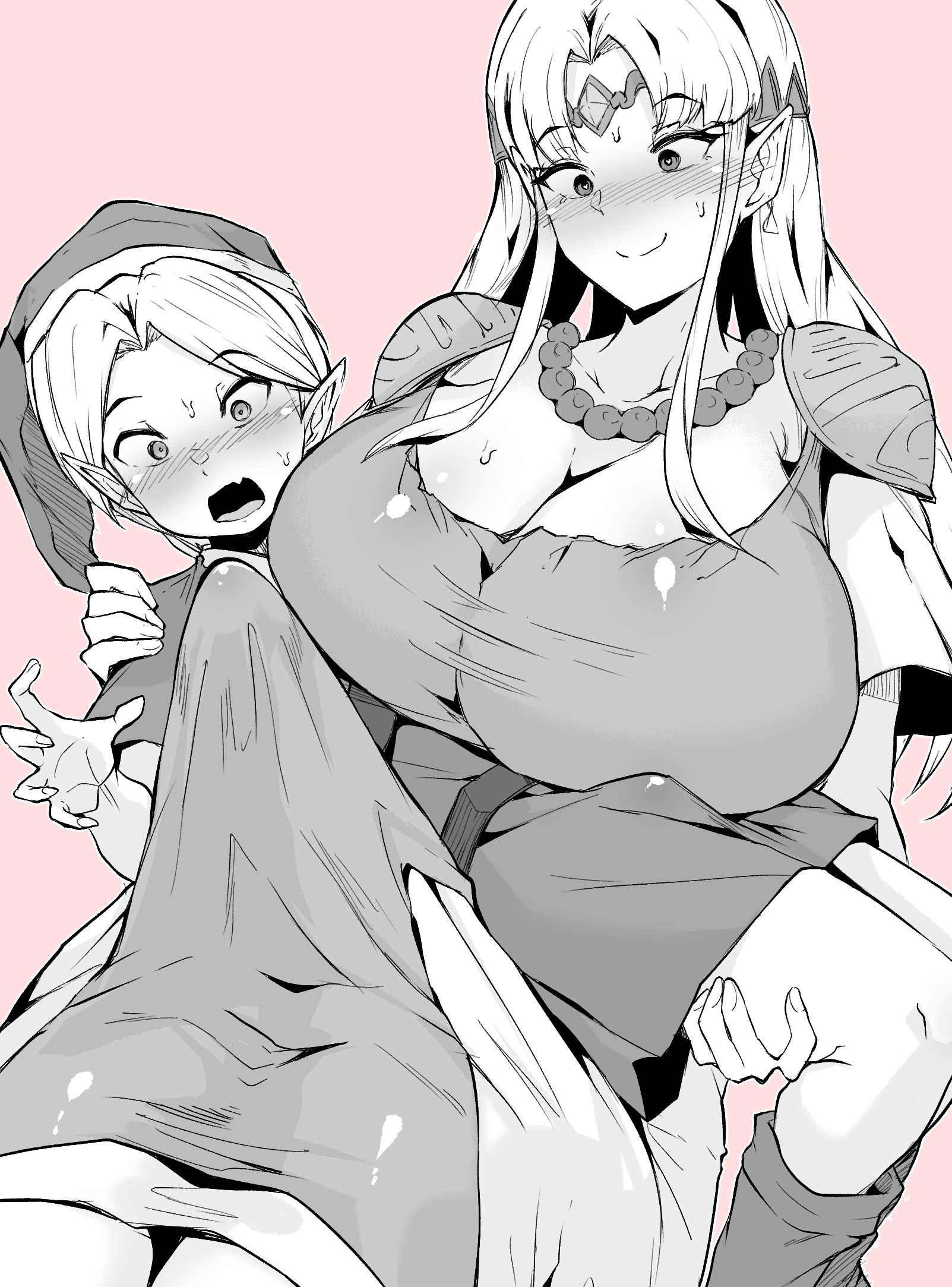 1boy, 1futa, big penis, breasts, bulge, clothed, clothing, cock shock, duo, erection, fully clothed, futa is bigger, futa on male, futanari, huge breasts, huge cock, humanoid, intersex, larger futa, link, makin tama, male, monochrome, nintendo, on back, penis, penis awe, penis size difference, penis under clothes, princess zelda, shocked, sitting, size difference, smaller male, surprised, the legend of zelda, young link, zelda (a link between worlds)