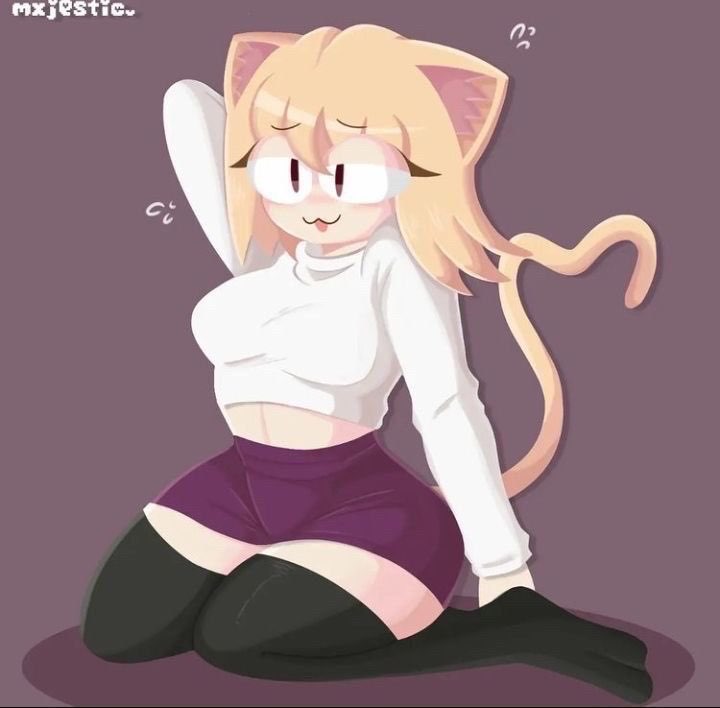 :3, 1girls, 2d, animal ears, anthro, arcueid brunestud, ass, big ass, big breasts, big butt, breasts, cat ears, cat girl, clothing, feline, female, female only, low res, lowres, melty blood, mxjestic, neco-arc, neko, purple skirt, smile, solo, tail, thick thighs, thigh highs, tsukihime, type-moon, white shirt, yellow hair