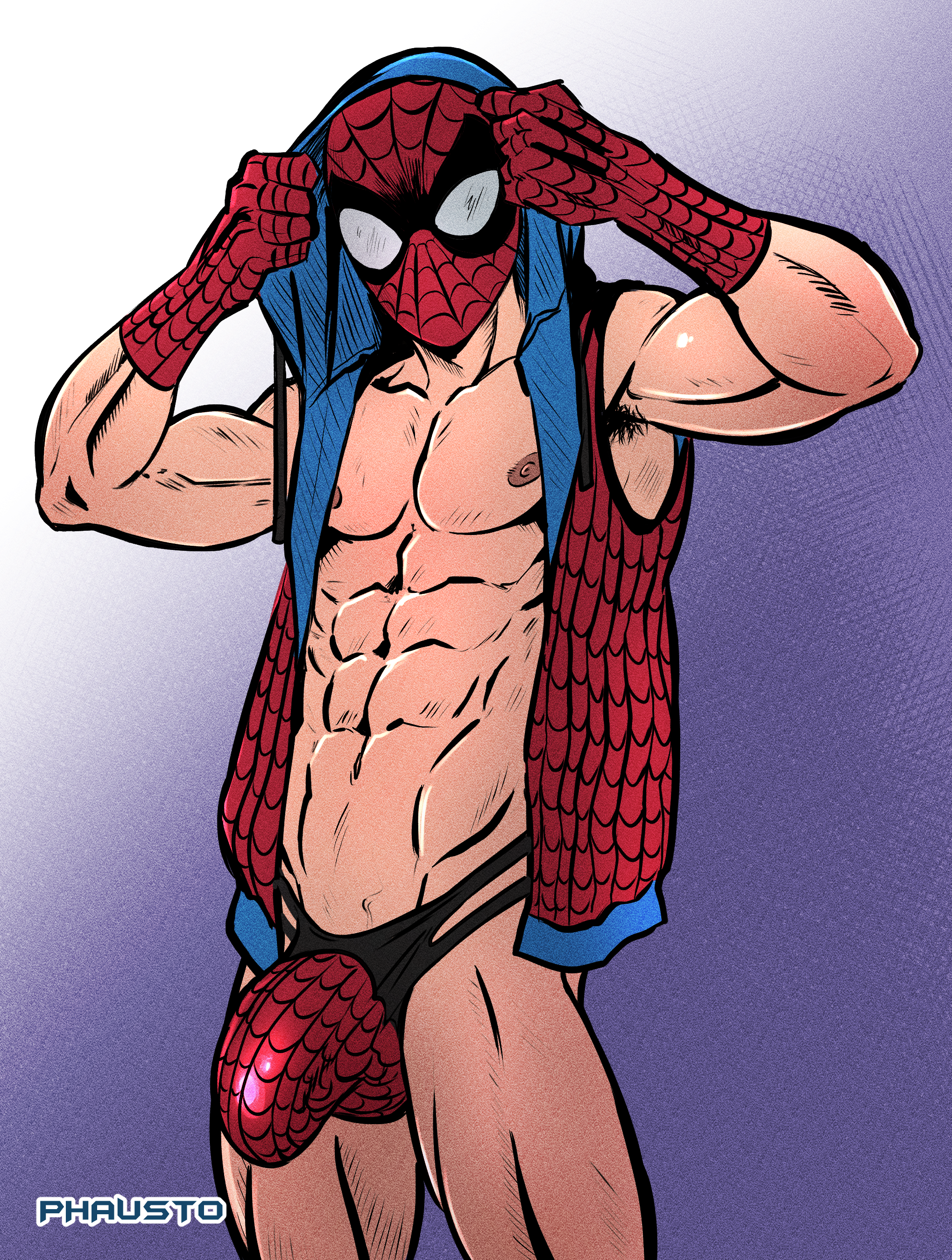 1boy, abs, armpit hair, briefs, briefs only, bulge, gloves, jockstrap, jockstrap only, male, male focus, male only, marvel, marvel comics, mask, masked, masked male, nipples, penis, peter parker, phausto, solo, solo focus, solo male, spider-man, spider-man (series), thong, thong only, visible penis shape, yaoi