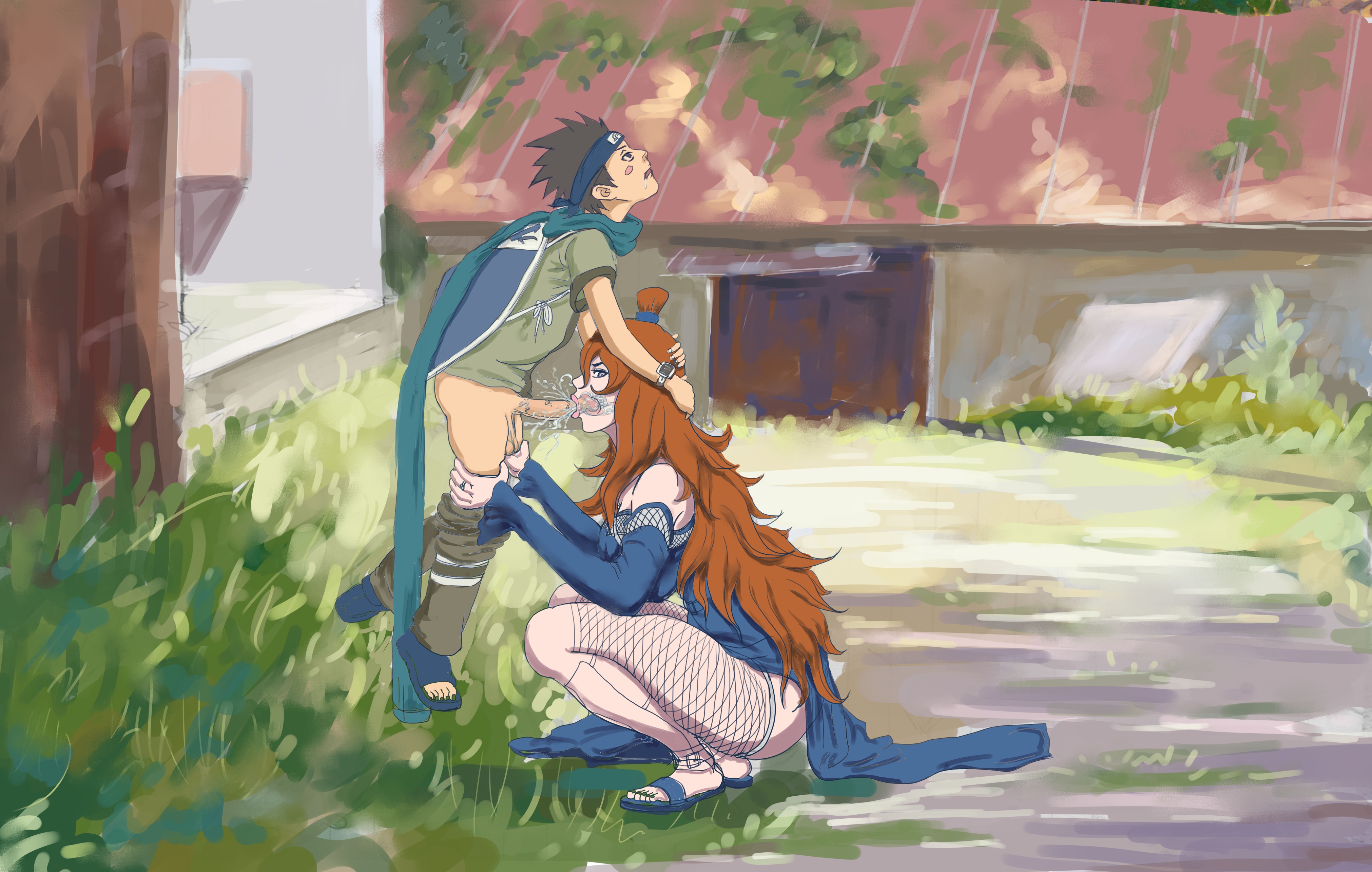 1boy, 1girls, 2022, 2d, adult female, age difference, blowjob, blue dress, blue eyes, breasts, clothed, clothes pull, cum, cum in mouth, cum inside, curly hair, detached sleeves, dress, ejaculation, feet, fellatio, female, fishnet legwear, fishnets, from side, full body, grass, hair bun, hands on another's head, large breasts, legs, long hair, male, mei terumi, mills (artist), naruto, naruto (series), naruto shippuden, older female, oral, orgasm, outdoors, outercourse, pants, pants pull, penis, red hair, sandals, sarutobi konohamaru, scarf, squatting, straight, thighs, toeless legwear, toes, tree, uncensored, urban, wavy hair, x-ray, younger male