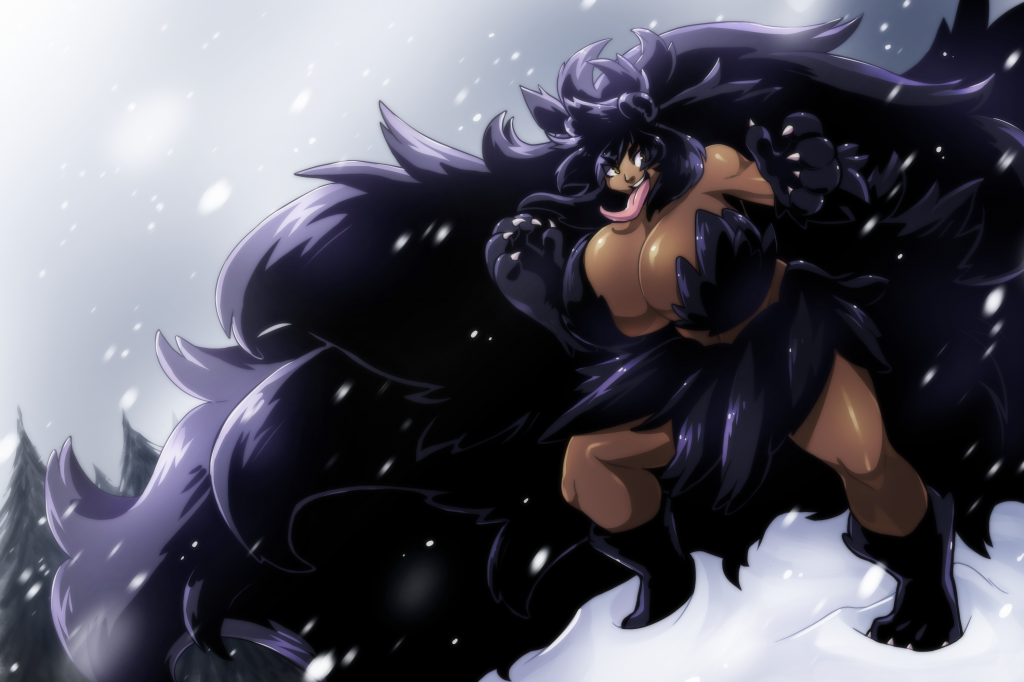 akumu_(tabris) big_tail catgirl claws dark-skinned_female long_tongue massive_breasts navy_fur snow tabris_(artist)