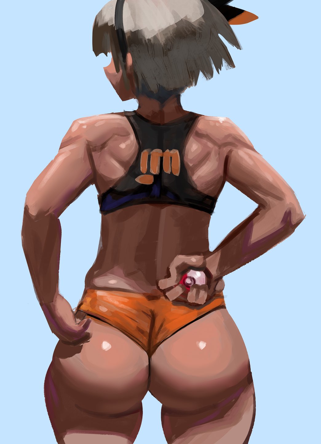 1girls, ass, ass focus, bea (pokemon), dark skin, dark-skinned female, female, female only, hi res, muscular, muscular back, muscular female, nintendo, pokemon, pokemon ss, solo, ytrall
