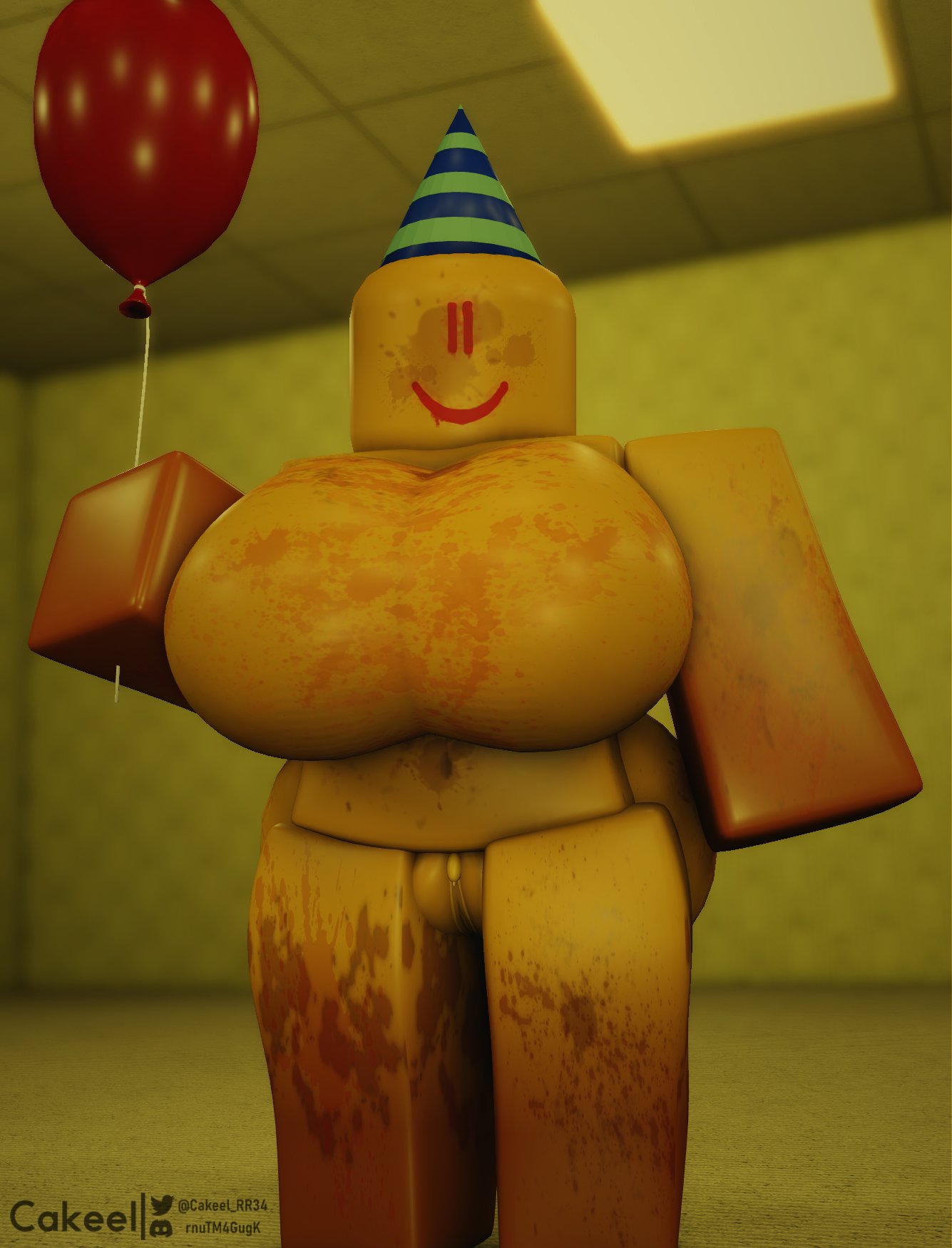 3d balloon blood blood_on_face blood_stain cakeel large_ass large_breasts party_hat partygoer partygoer_(the_backrooms) pussy roblox robloxian rule_63 source_request tagme the_backrooms yellow_skin