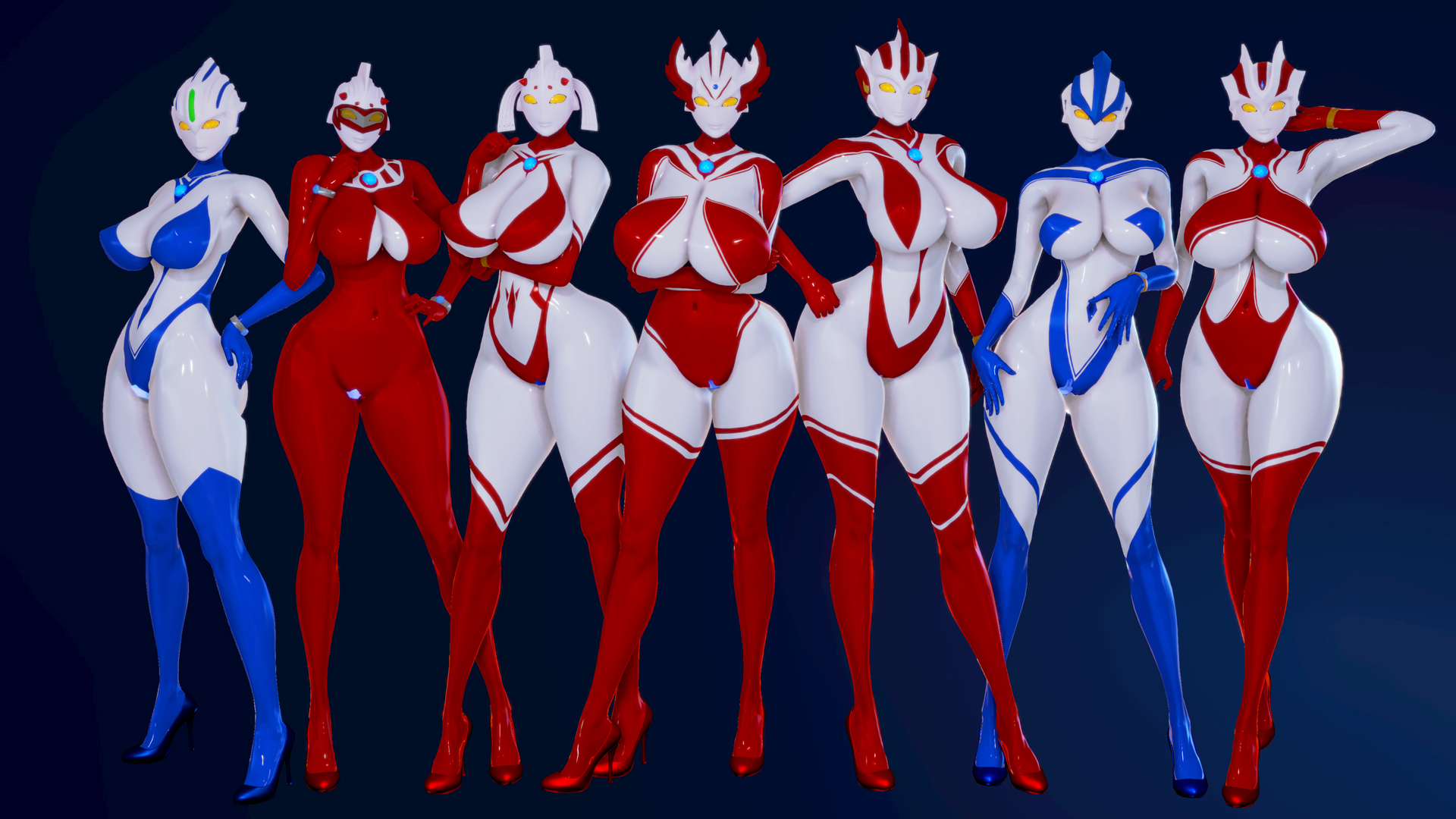 3d, 3d (artwork), 7girls, artist request, ass, big ass, breasts, female, female only, group, heroine, high heels, huge ass, large ass, mother of ultra, multiple females, multiple girls, nipple bulge, nipples, pose, posing, pussy, thick, thick ass, thick thighs, ultraman (franchise), voluptuous, wide hips