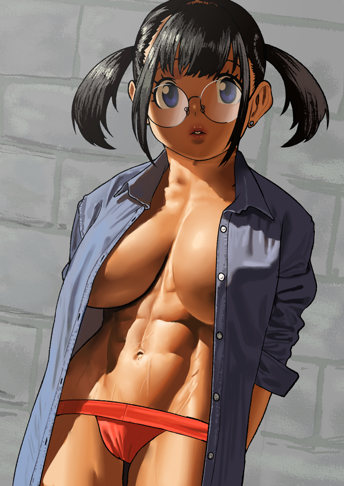 1girls arung_samudra_(cessa) big_breasts black_hair blue_eyes blue_shirt breasts brick_wall cessa dark-skinned_female dark_skin ear_piercing female glasses looking_at_viewer muscular muscular_female no_bra pigtails red_panties shirt vascular