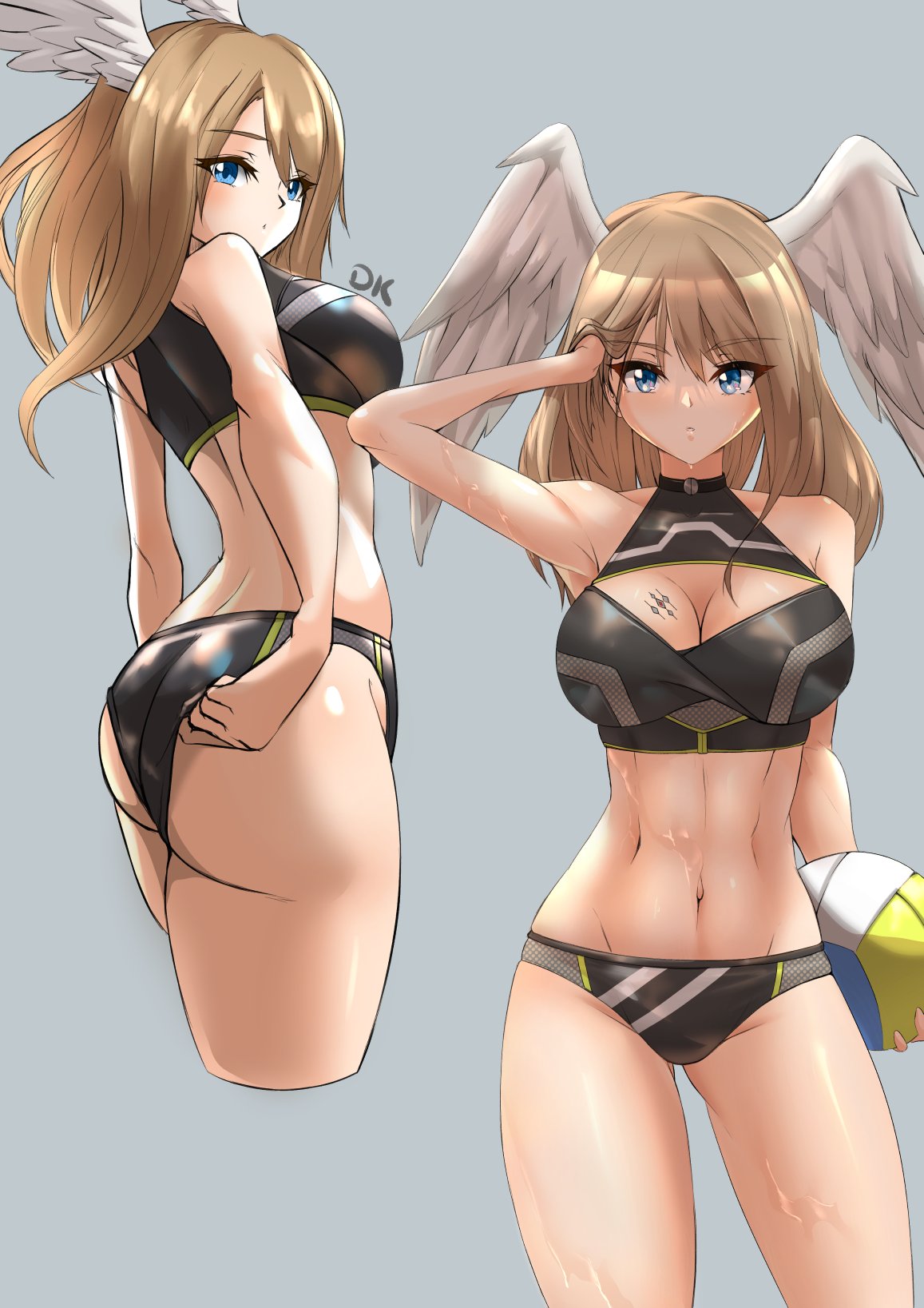 ball beachball bikini blue_eyes breast_tattoo breasts cleavage cleavage_cutout clothing_cutout deekei eunie_(xenoblade) female head_wings highres large_breasts medium_hair nintendo solo swimsuit tattoo white_wings wings xenoblade_(series) xenoblade_chronicles_3