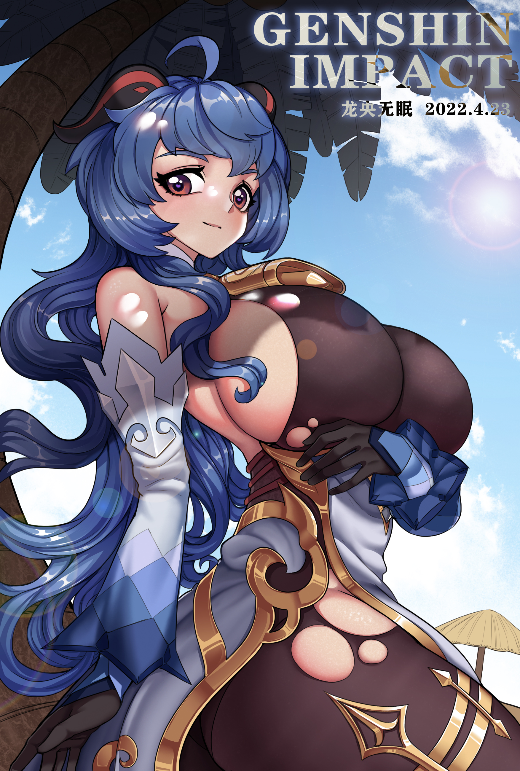 absurdres, alternate breast size, bell, black leotard, black pantyhose, blue hair, breasts, brown eyes, chinese clothes, cover, cover page, female, ganyu (genshin impact), genshin impact, highres, horns, large breasts, leotard, longyangwumian, neck bell, palm tree, pantyhose, sideboob, tearing clothes, torn clothes, tree