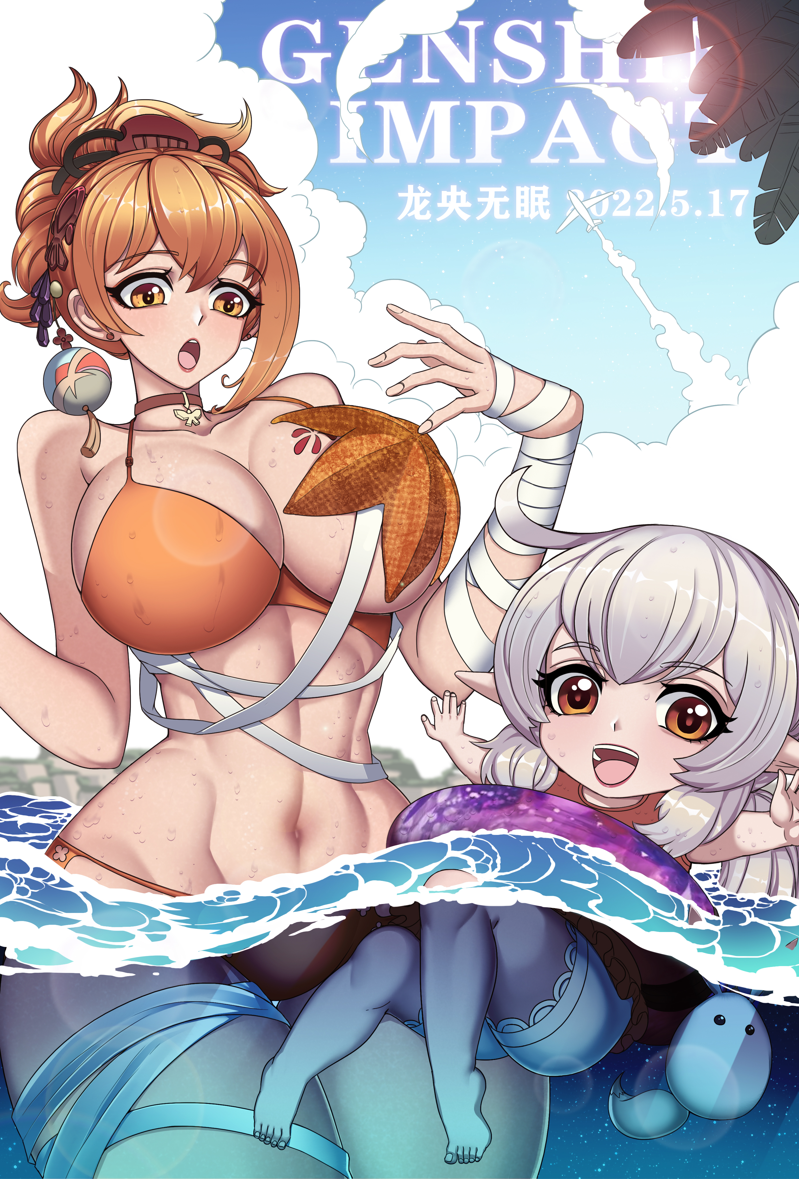 2girls, abs, absurdres, bikini, binding, blonde female, breast tattoo, breasts, brown eyes, cover, cover page, curvy, female, genshin impact, hair ornament, highres, innertube, klee (genshin impact), large breasts, longyangwumian, multiple females, multiple girls, narrow waist, ocean, orange hair, starfish, starfish pasties, swimsuit, tattoo, thick thighs, thighs, wardrobe malfunction, water, white hair, wide hips, yellow eyes, yoimiya (genshin impact)