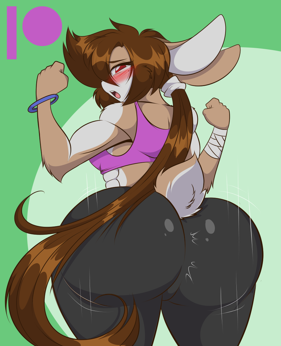 1girls 2022 anthro arm_wraps ass ass_focus back_view blush brown_hair charlotte_roarx female female_only furry huge_ass lagomorph long_hair looking_at_viewer looking_back mastergodai muscular muscular_female rabbit rascals shaking shaking_butt solo sports_bra tail thick_thighs