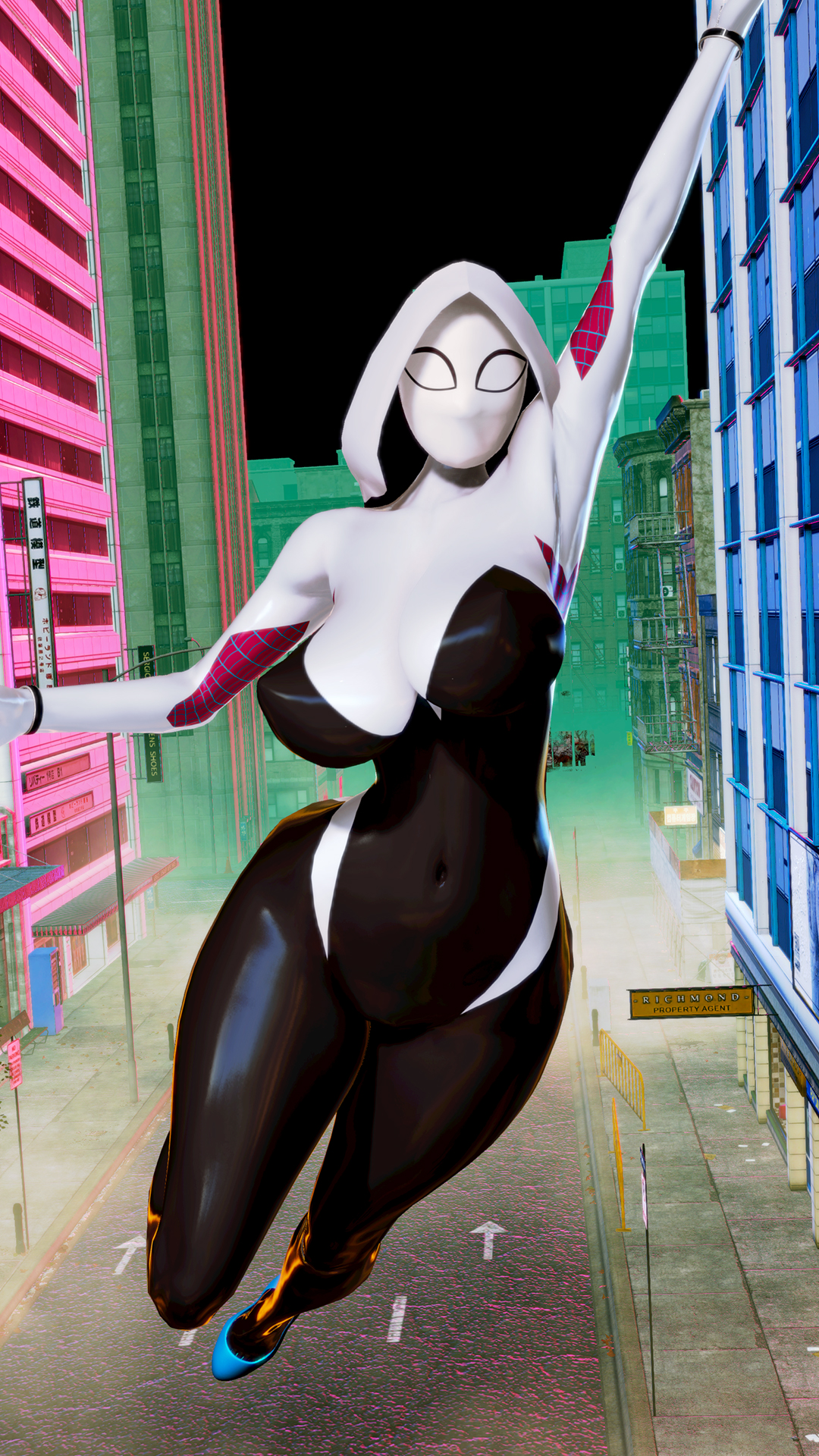 1girls, 3d, 3d (artwork), artist request, ass, belly button, big breasts, bodysuit, breasts, female, female only, gwen stacy, high heels, honey select, marvel, marvel comics, nipple bulge, nipples, solo, spider-gwen, spider-man (series), thick, thick ass, thick thighs, tight clothing, voluptuous, wide hips
