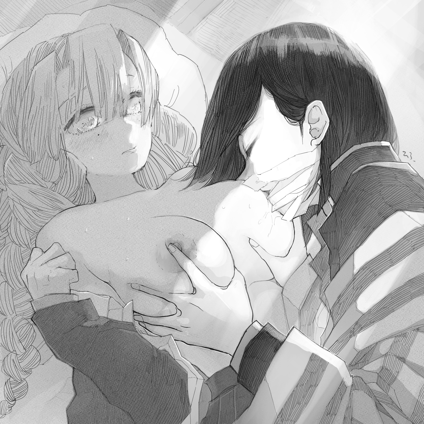 1boy, 1girls, artist request, bandages, big breasts, blush, braided hair, breast grab, breast hold, breast sucking, breasts, breasts out, demon slayer, female, haori, iguro obanai, kanroji mitsuri, kimetsu no yaiba, long hair, looking at another, male, mole under eye, monochrome, mouth mask, off shoulder, on back, open clothes, open shirt, sweat, uniform