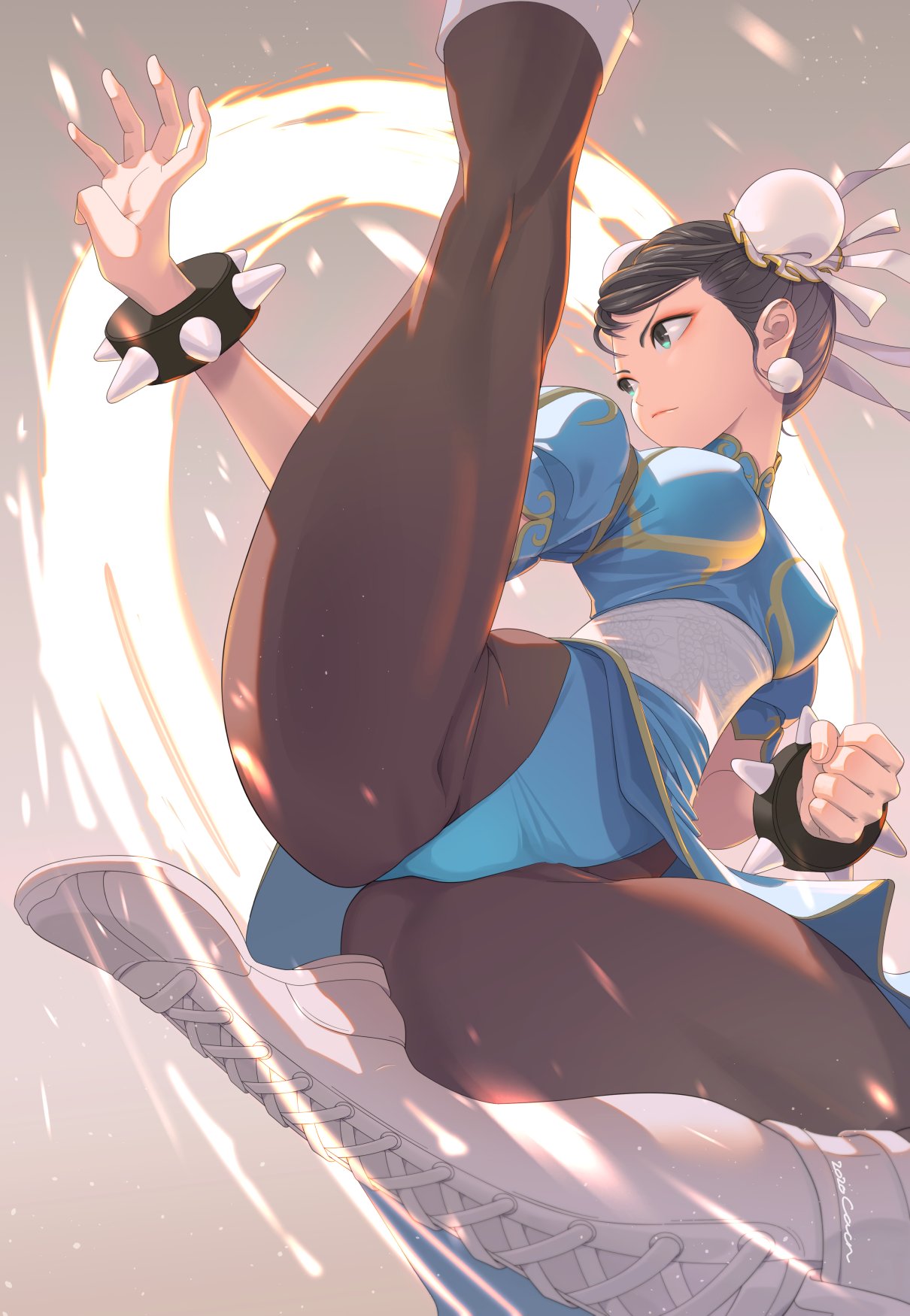 asian_female blue_eyes brown_hair cacn chun-li earrings hair_bun kicking pantyhose spiked_bracelet street_fighter white_boots