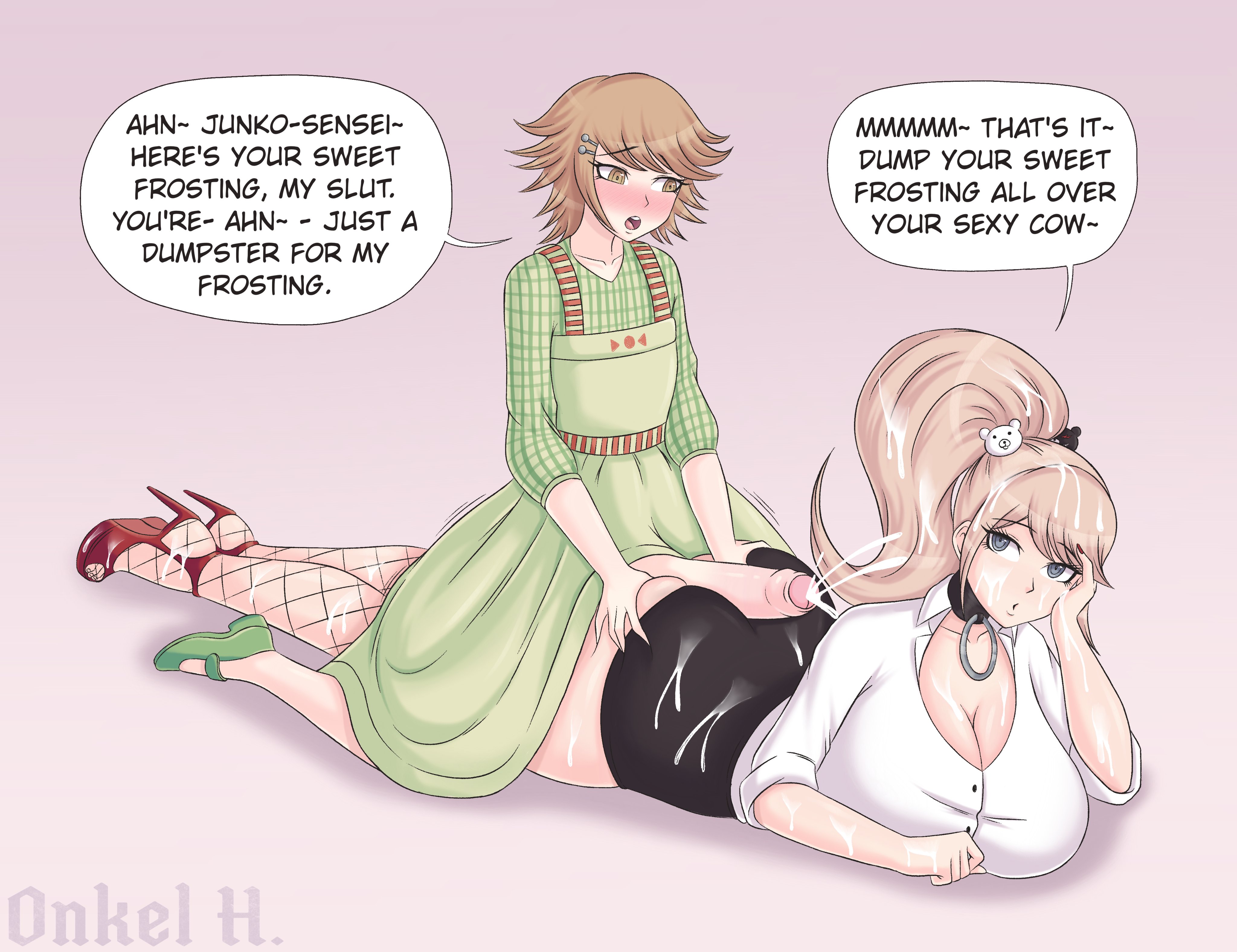 1boy, 1girls, alternate version available, ass, big penis, breasts, canon crossdressing, cleavage, covered in cum, crossdressing, cum, danganronpa, danganronpa 1, danganronpa: trigger happy havoc, ejaculation, female, femboy, femboy on female, fujisaki chihiro, girly, hung trap, junko enoshima, large ass, large breasts, large penis, male, onkel h, penis, straight, straight hair