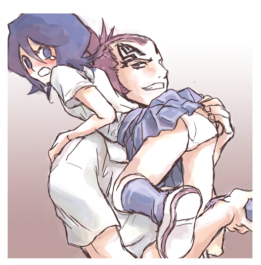 abarai_renji bleach blush kuchiki_rukia lifting_skirt panties renji_abarai school_uniform