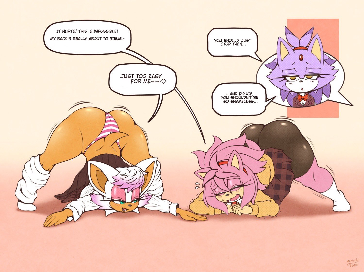 3girls, amy rose, bat, blaze the cat, feline, female, hedgehog, jack-o pose, jackochallenge, legwarmers, michiyoshi, pink fur, purple fur, rouge the bat, school uniform, shorts under skirt, sonic (series), tagme, two-tone fur, white fur