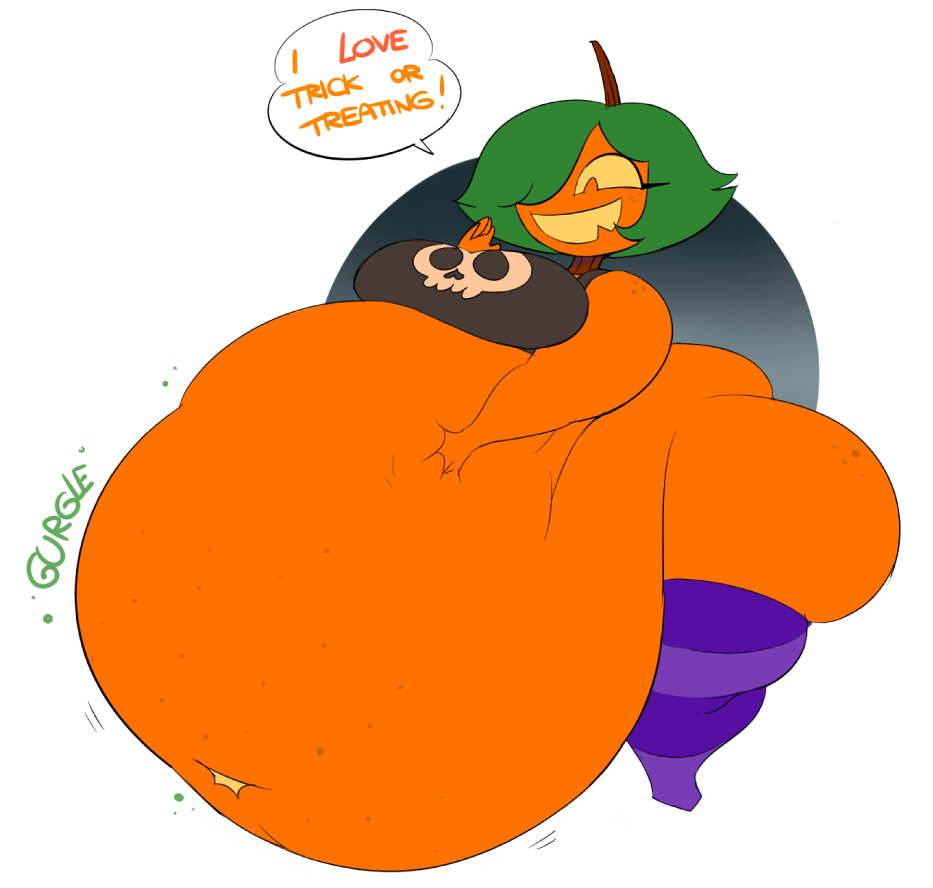 1girls ass belly big_ass big_belly big_breasts breasts digestion fat female female_pred green_hair gurgle halloween huge_ass huge_belly implied_digestion jack-o'-morph kim_the_pumpkin obese orange_body orange_skin original_character overweight pumpkin pumpkin_girl rumbling_stomach spaghettiz vore