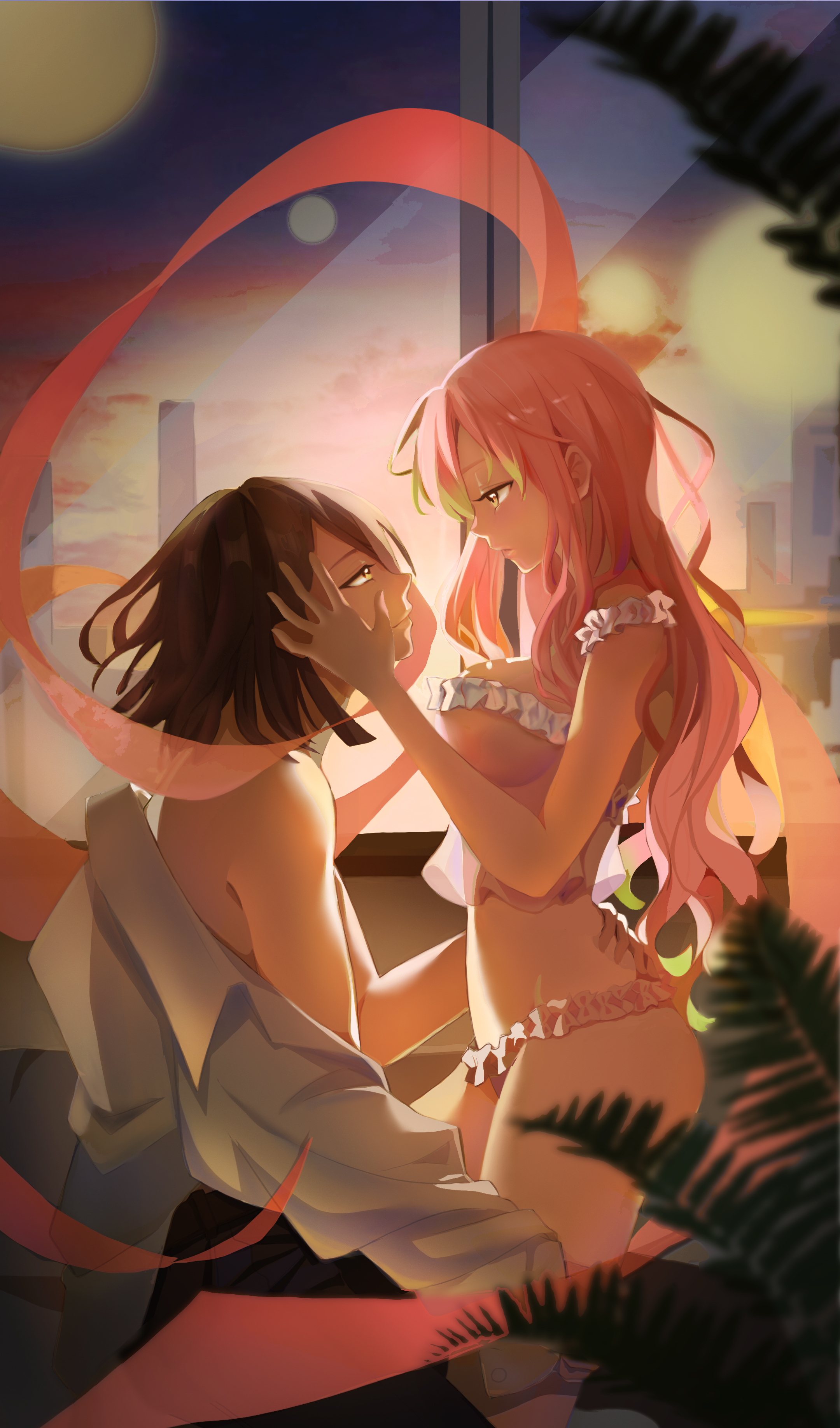 1boy, 1girls, big breasts, black hair, black-haired male, bra, breasts, demon slayer, detailed background, female, frilled bra, frilled panties, frills, hair down, iguro obanai, kanroji mitsuri, kimetsu no yaiba, lingerie, long hair, male, off shoulder, panties, pink hair, pink-haired female, profile, sachi (pixiv), sideboob, two-tone hair, wavy hair, wholesome, window