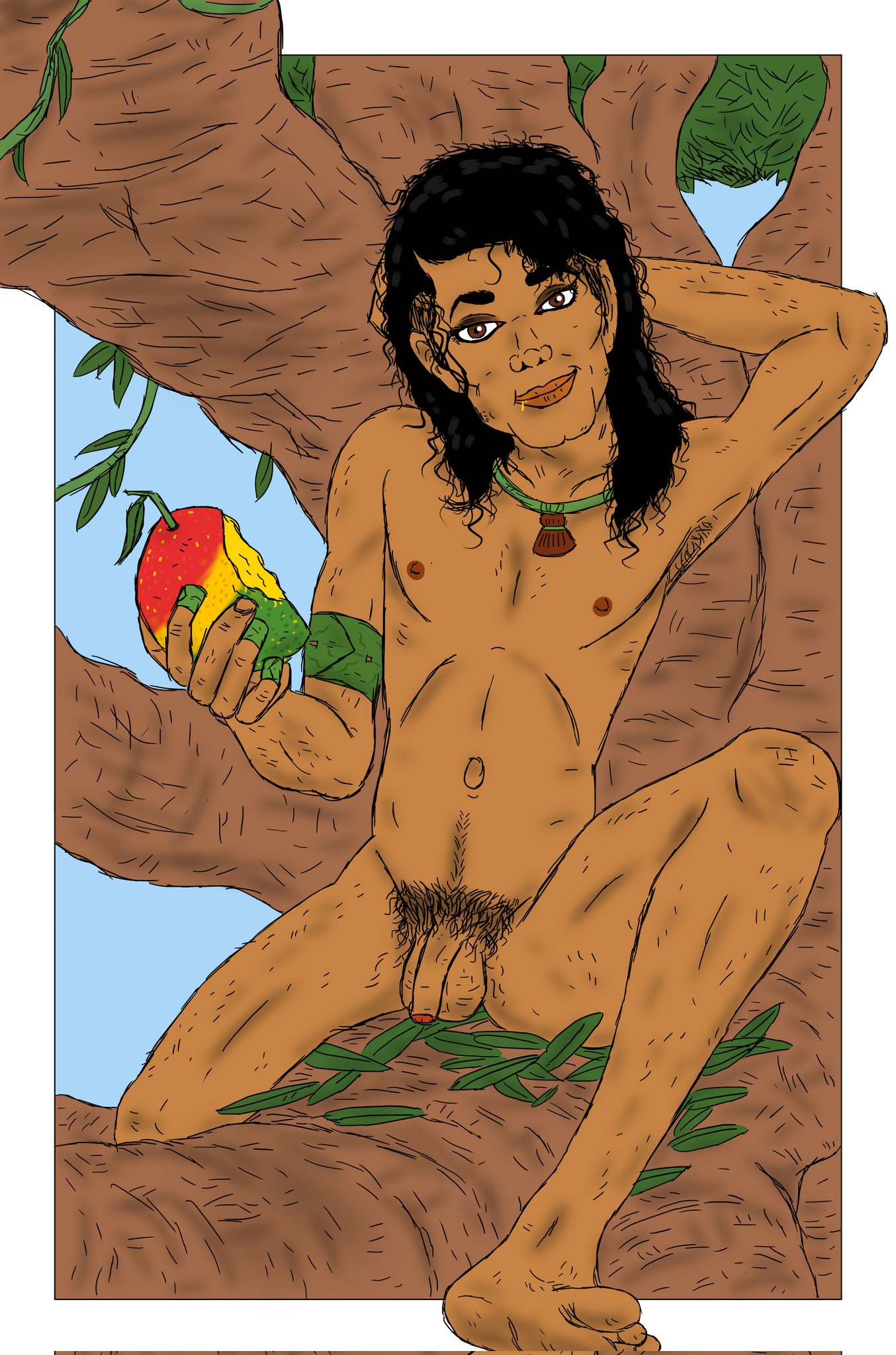 1boy 2022 armband balls black_hair brown_eyes brown_skin celebrity colored_sketch curly_hair dark-skinned_male eating fanfiction flaccid food foreskin fruit hand_behind_head jungle leaves long_hair looking_at_viewer makeup male male_only mango michael_jackson mjs_wild_paradise musician necklace nude outdoors penis pubic_hair real_person relaxing seashell sitting sitting_in_tree sketch smile tree tree_branch