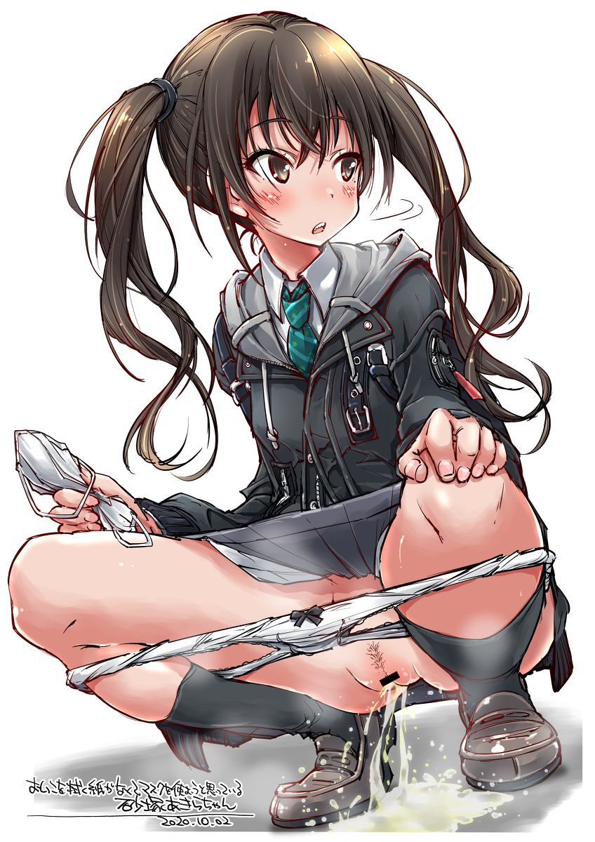 2020 black_hair black_socks dated idolmaster idolmaster_cinderella_girls knee_socks kneehighs kneesocks loafers peeing school_uniform socks solo squatting sunazuka_akira twintails urine yazawa_mana