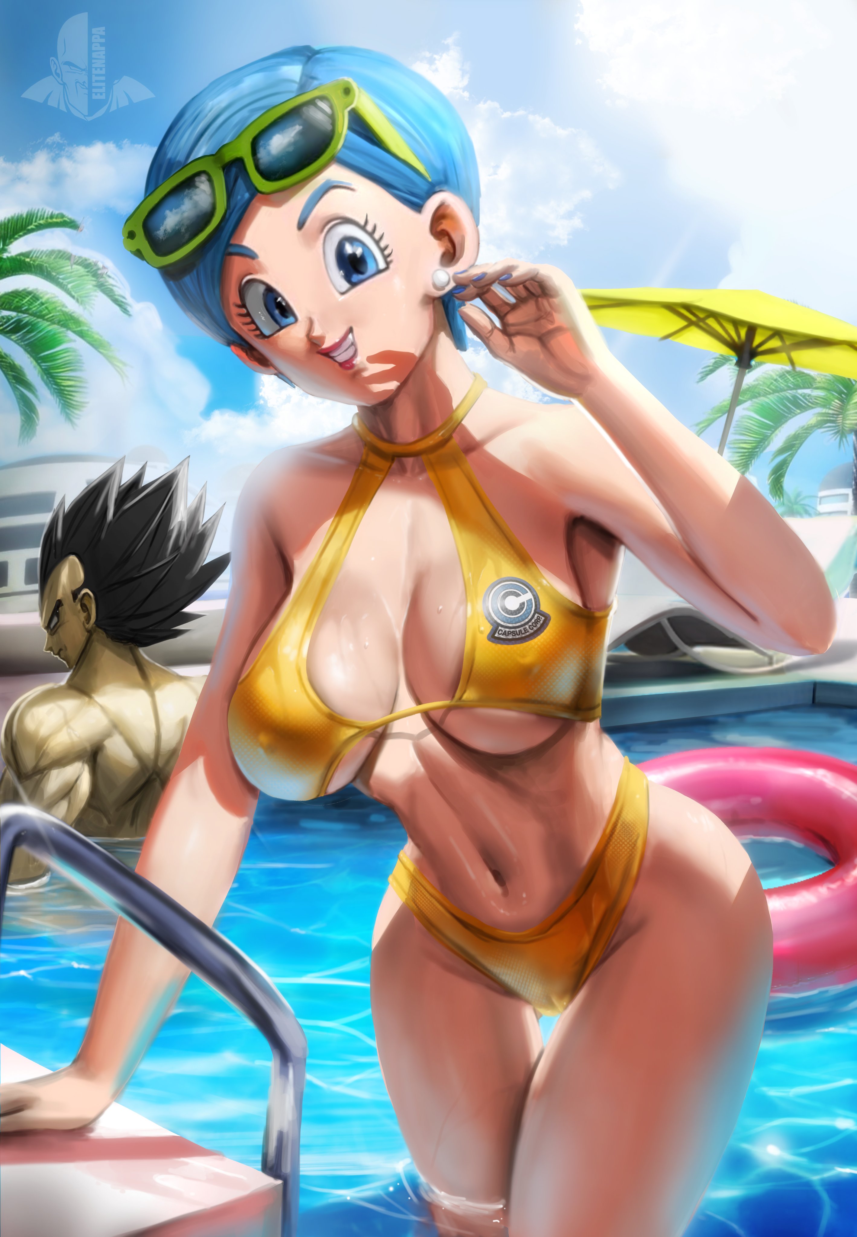 1boy, 1girls, big breasts, bikini, black hair, blue eyes, blue hair, blue-eyed female, blue-haired female, breasts, bulma briefs, cameltoe, chair, dragon ball, dragon ball super, dragon ball super super hero, ear piercing, earrings, elitenappa, female, happy, happy female, human, husband and wife, large breasts, looking at another, looking at viewer, looking back, male, milf, mother, muscular, muscular male, nipple bulge, nipples, pearl earrings, piercing, pool, poolside, pussy, saiyan, smile, smiling, smiling at viewer, sunglasses, sunglasses on head, thick thighs, umbrella, vegeta, wide hips, yellow bikini