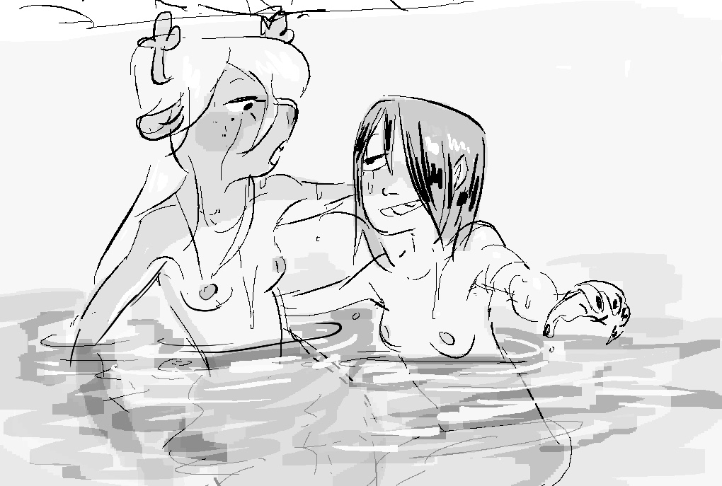 2girls, bath, blush, boobs, breasts, deltarune, female, female only, horns, kris (deltarune), kris female (deltarune), long hair, monochrome, monster, monster girl, noelle holiday, tagme (artist), water