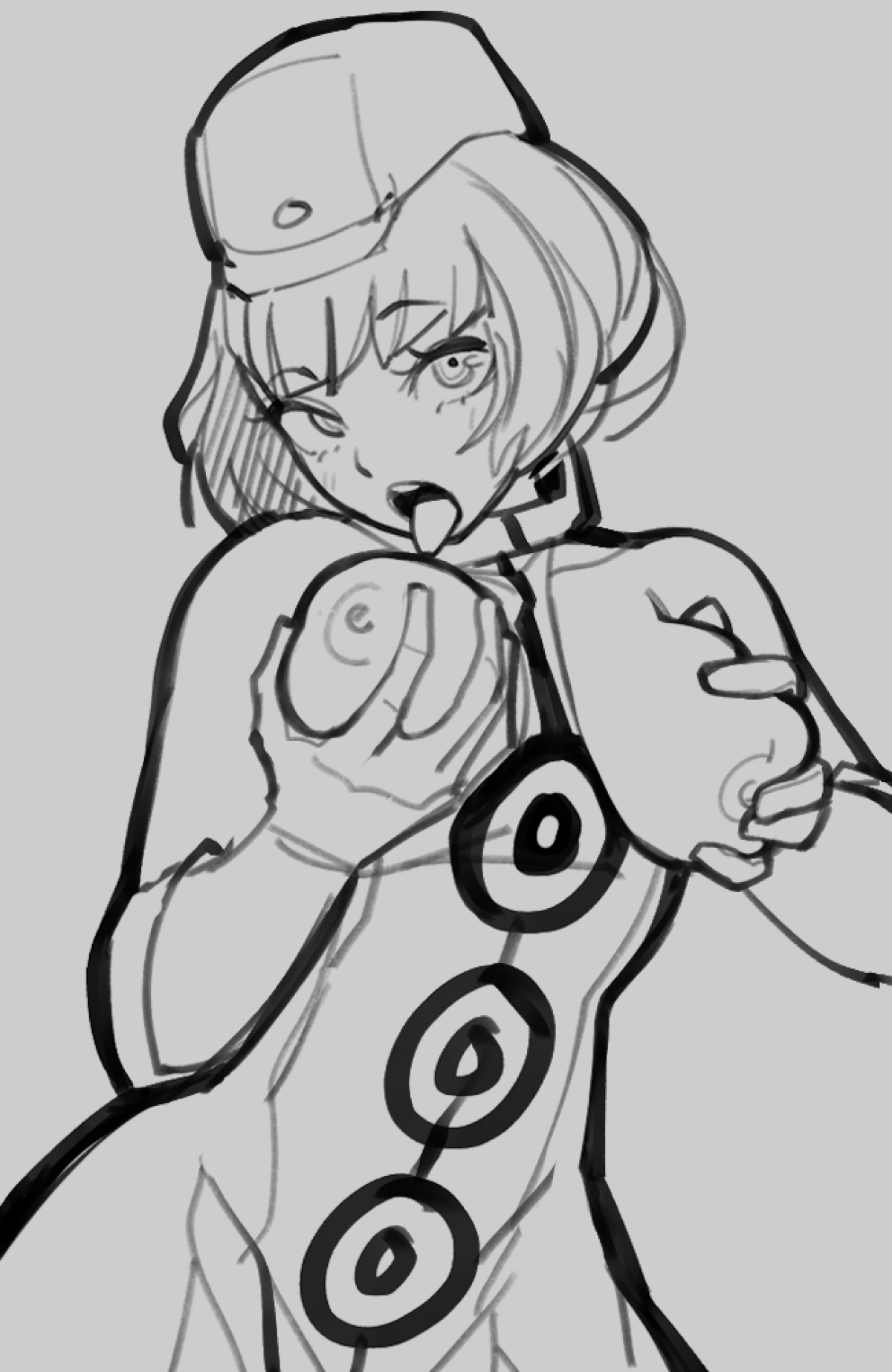 1girls, breast grab, breasts, breasts out, cleavage, dress, elizabeth (persona), female, gloves, grabbing own breast, greyscale, hat, hi res, licking breast, looking at viewer, monochrome, nipples, persona, persona 3, short hair, simple background, solo, solo female, squiishnsfw, tongue, tongue out
