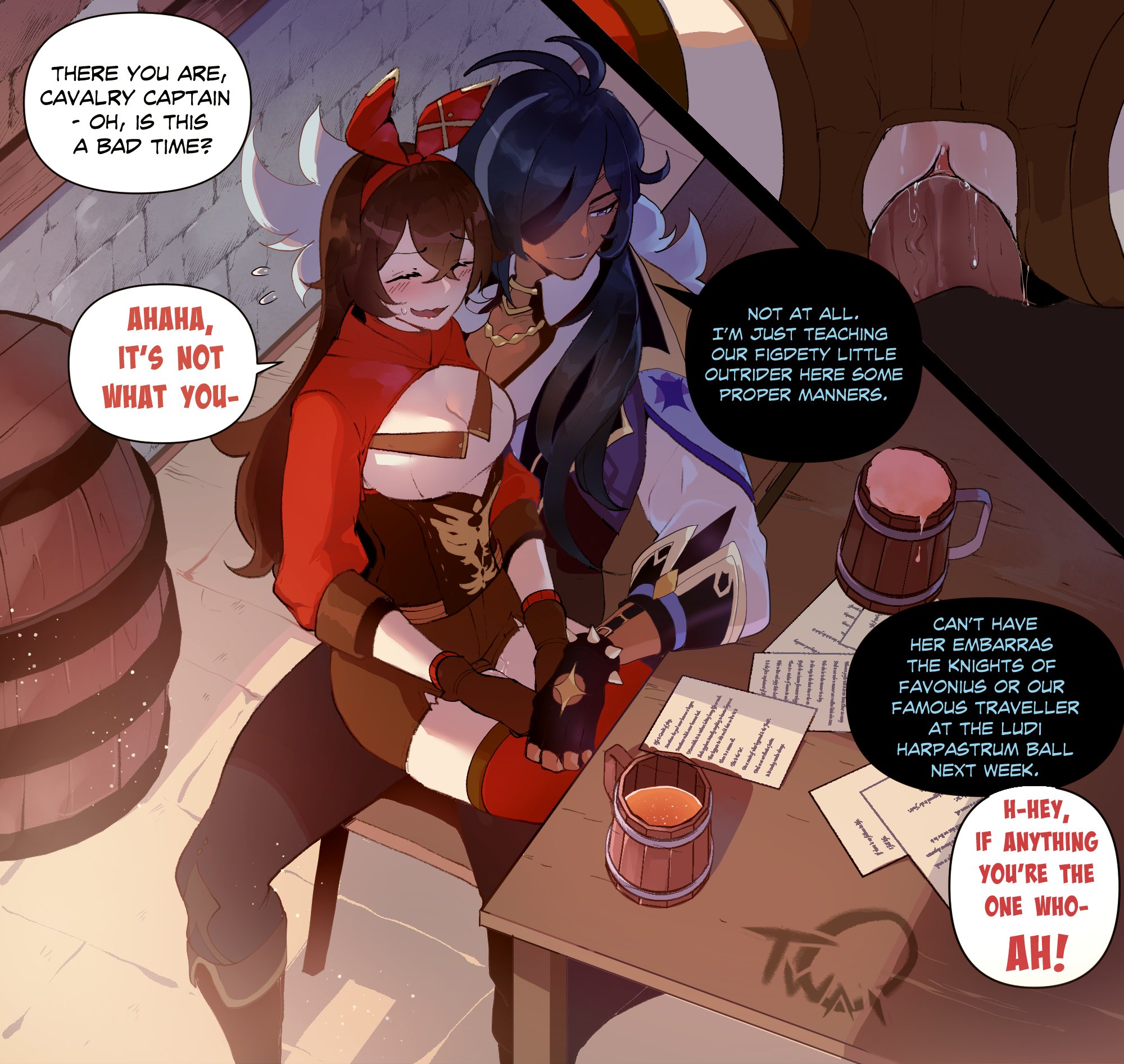 1boy, alcohol, amber (genshin impact), beer, beer mug, blue eyes, blue hair, blush, breasts, brown hair, cleavage, closed eyes, cup, dark skin, dark-skinned male, english text, eyepatch, female, fingerless gloves, flying sweatdrops, genshin impact, gloves, hair between eyes, hairband, highres, interracial, kaeya (genshin impact), long hair, long sleeves, male, medium breasts, mug, open mouth, pants, paper, penis, pussy, sex, shorts, sitting, speech bubble, stealth sex, straight, table, thiccwithaq, thighhighs, vaginal penetration