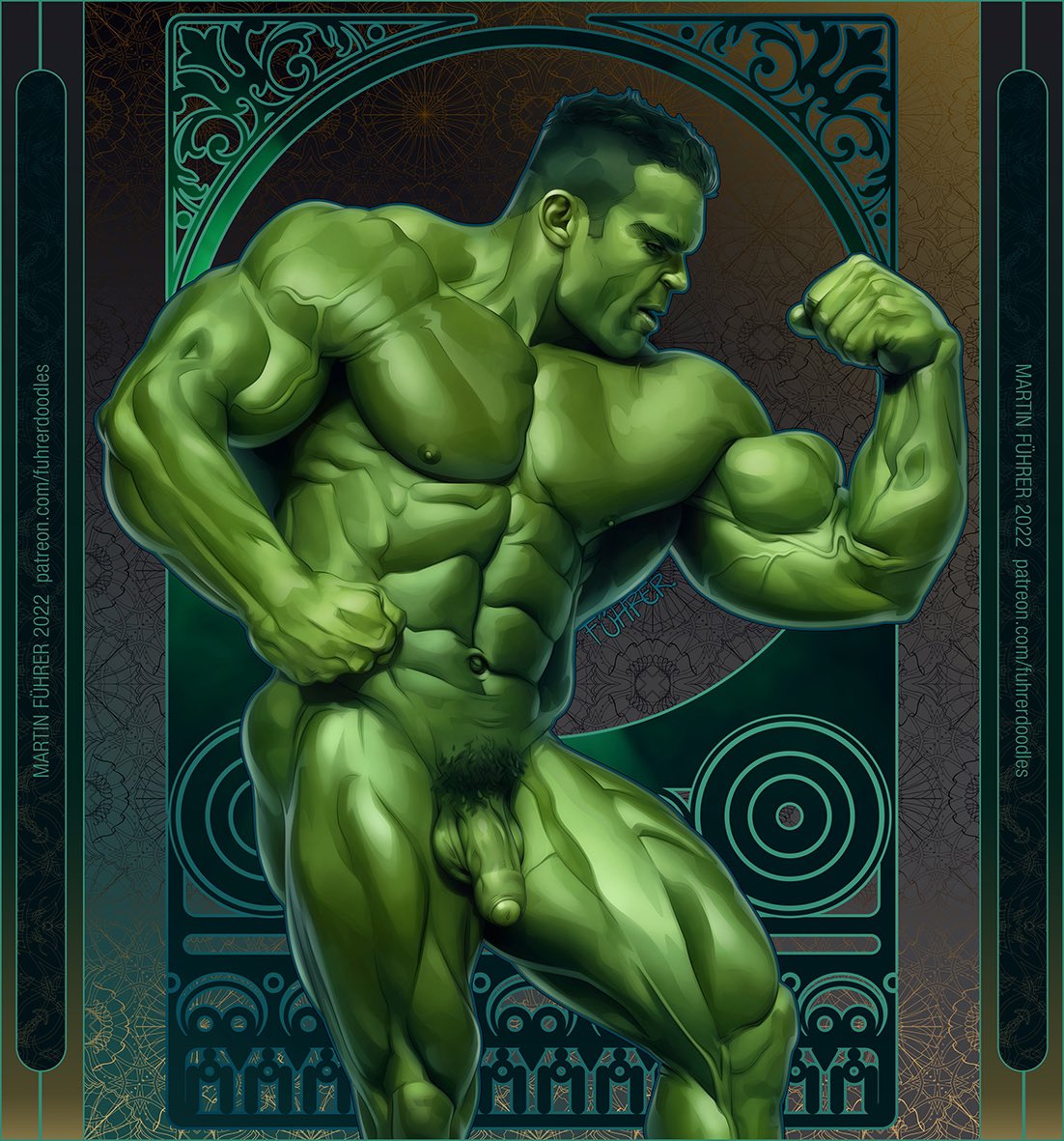 1boy 2022 flaccid flaccid_penis flexing fuhrerdoodles green-skinned_male green_body green_skin hulk hulk_(series) male male_only marvel marvel_comics muscular muscular_male posing solo solo_male