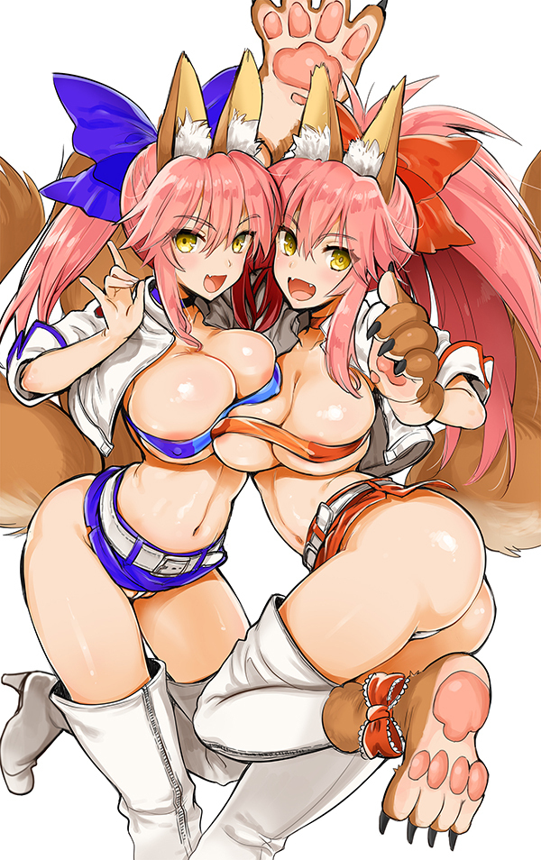 2girls :d animal_ear_fluff animal_ears animal_hands areola_slip ass asymmetrical_docking bandeau belt blue_bow boots bow breast_press breasts claws covered_erect_nipples cropped_jacket fate/grand_order fate_(series) fox_ears fox_shadow_puppet fox_tail gloves hairbow high_heel_boots high_heels jacket kojima_saya large_breasts long_hair looking_at_viewer microskirt multiple_girls oerba_yun_fang open_clothes open_jacket open_mouth panties paw_gloves paw_shoes paws pink_hair ponytail purple_skirt red_skirt simple_background skin_fang skirt smile standing standing_on_one_leg tail tamamo_cat tamamo_no_mae_(fate) thigh_boots thighhighs thong twintails underwear white_background white_belt white_footwear white_jacket white_legwear white_panties yellow_eyes