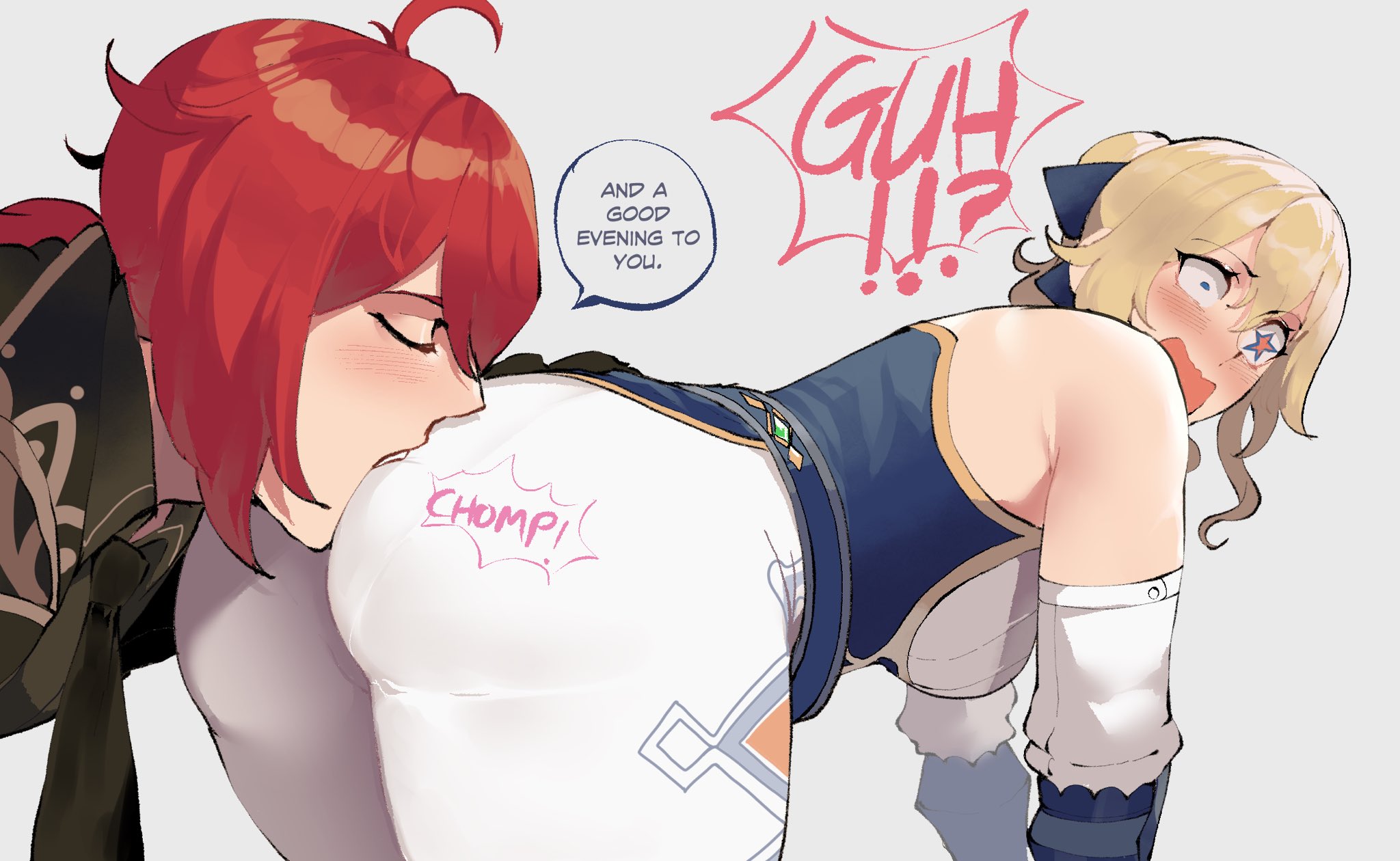 + +, 1boy, ass, ass focus, bangs, bare shoulders, biting, blonde female, blonde hair, blue eyes, blush, bow, breasts, detached sleeves, diluc (genshin impact), female, genshin impact, hair between eyes, hairbow, highres, huge ass, jean gunnhildr, large breasts, long hair, male, open mouth, ponytail, red hair, sidelocks, straight, surprised, thiccwithaq, thick thighs, thighs, wide-eyed