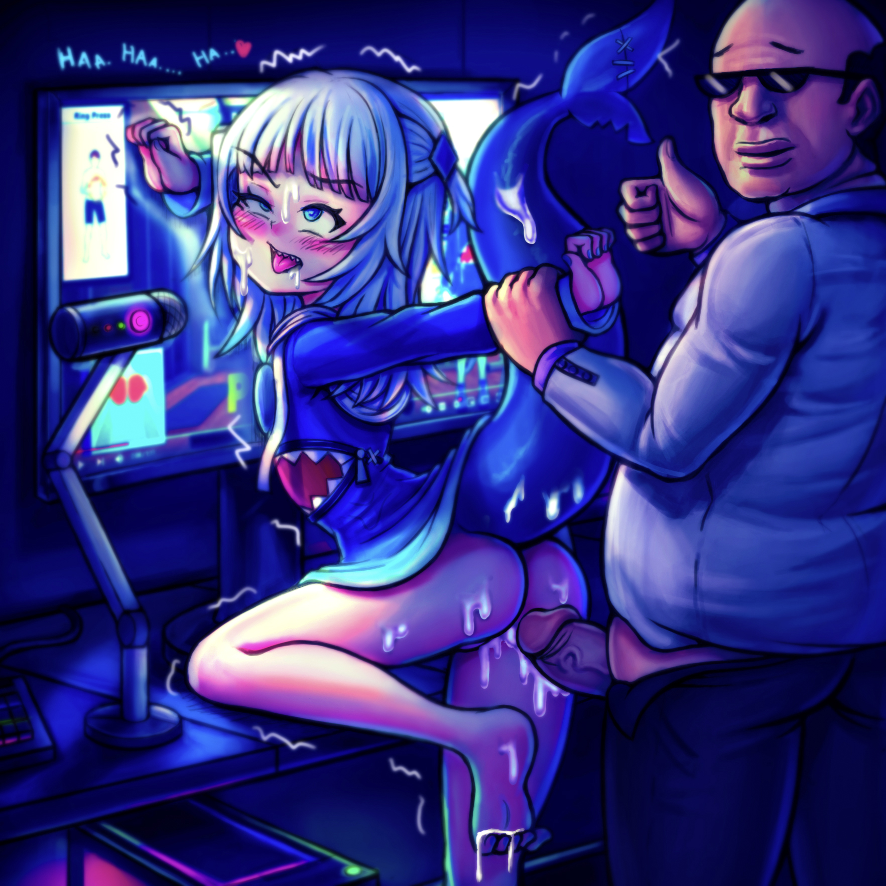 1boy, 1girls, ass, bald, cum, fat male, feet, female, gawr gura, hololive, hololive english, hololive myth, kiomaru1, male, thumbs up, ugly bastard, virtual youtuber