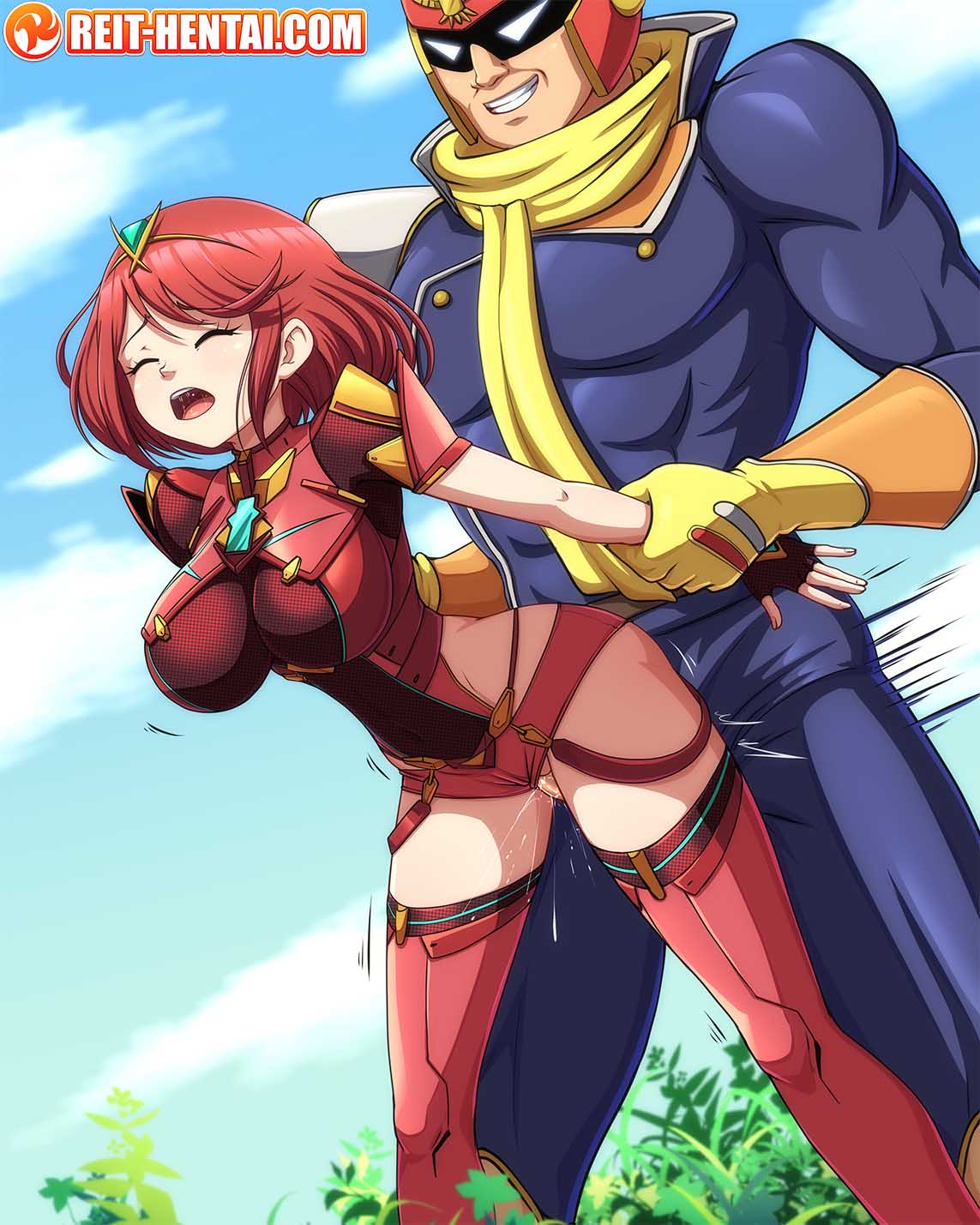 1boy 1girls big_breasts captain_falcon crossover f-zero female from_behind fully_clothed nintendo open_mouth pants_aside pyra rape rape_face red_hair reit restrained_arms short_hair super_smash_bros. super_smash_bros._ultimate tagme watermark wet xenoblade_(series) xenoblade_chronicles_2