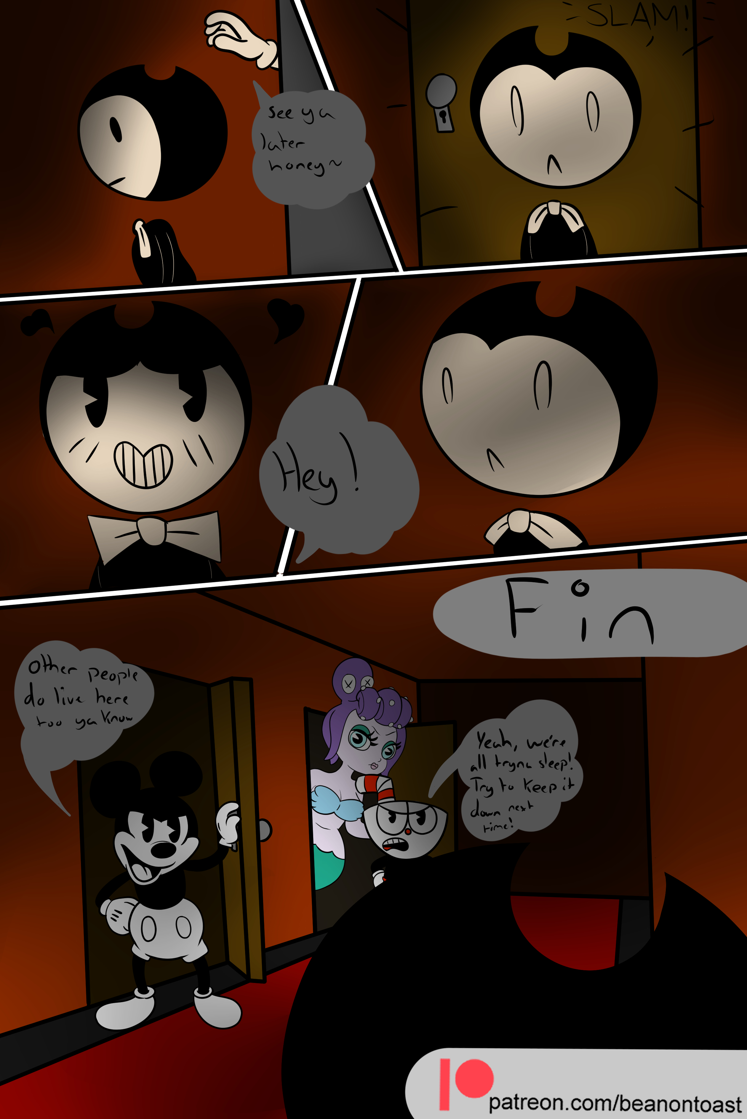 2girls, 3boys, angry, angry face, beanontoast, bendy, bendy and the ink machine, blush, cala maria, comic, crossover, cuphead, cuphead (game), disney, english, english text, female, male, mickey mouse, speech, speech bubble