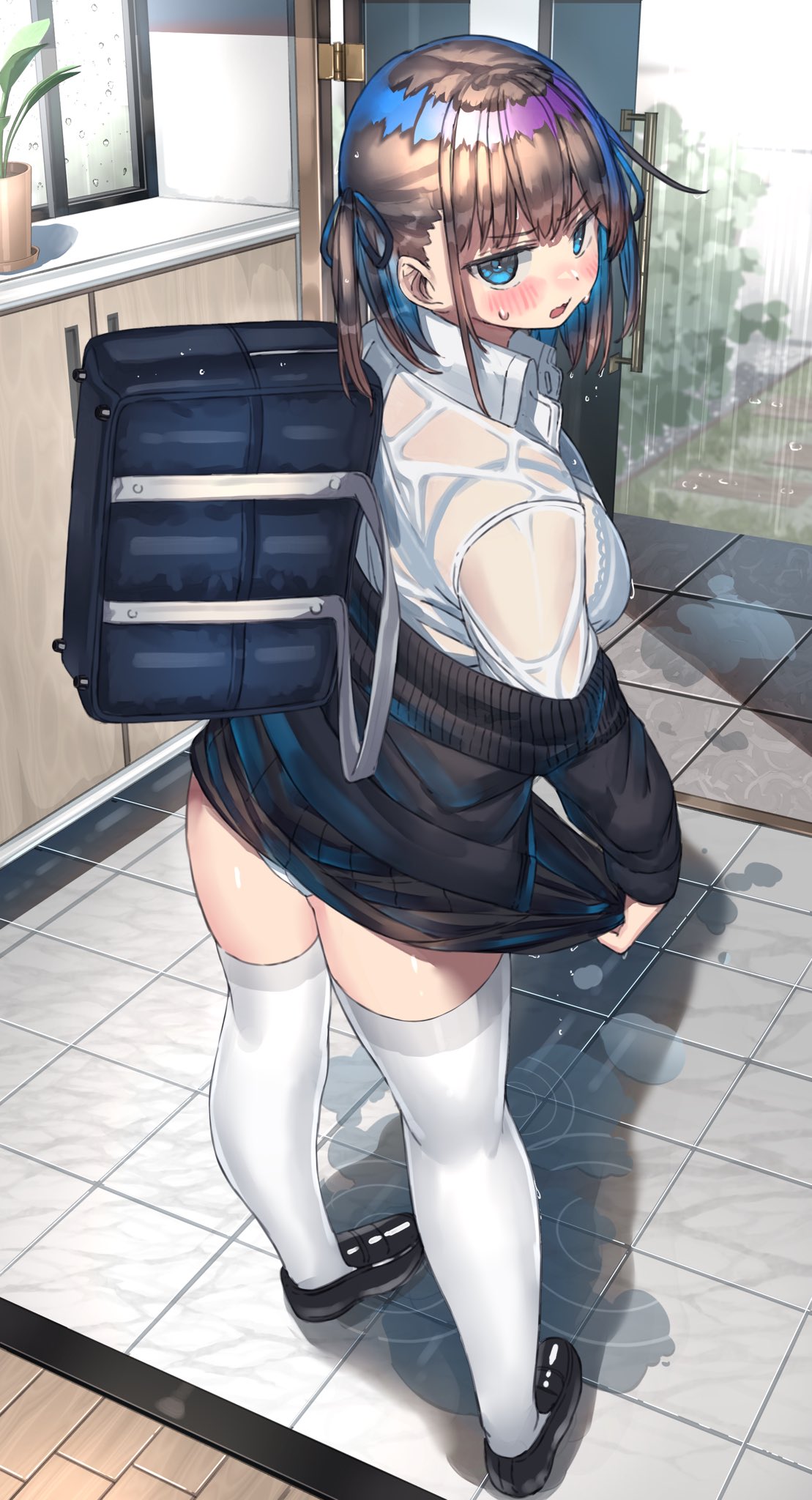 1girls, backpack, bag, blush, blushing, embarrassed, female, flustered, legs, ranfptn, school bag, school uniform, schoolgirl, tagme, tagme (artist), tagme (character), thick, thick legs, thigh highs, thighhighs, thighs, wet, wet clothes