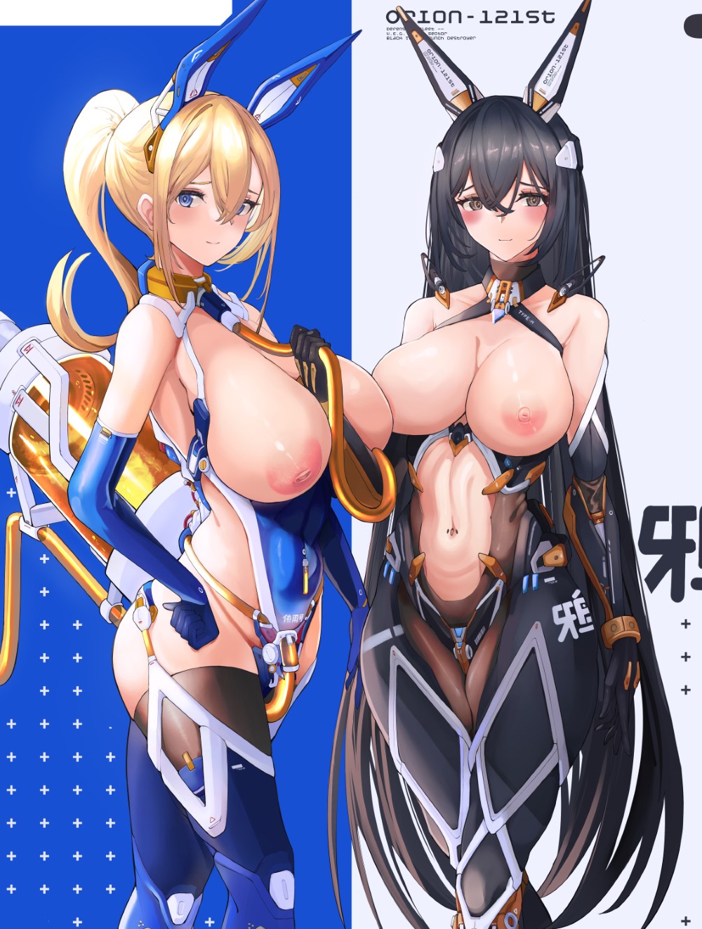 2girls android between_breasts black_hair blonde_hair blue_eyes blush breasts breasts_out brown_eyes clothing_cutout female high_heels highres huge_breasts inverted_nipples large_breasts leotard looking_at_viewer mask mecha mecha_musume multiple_girls navel navel_cutout nipples original playboy_bunny ponytail revealing_clothes robot skindentation thick_thighs thighhighs thighs yusha_(m-gata)