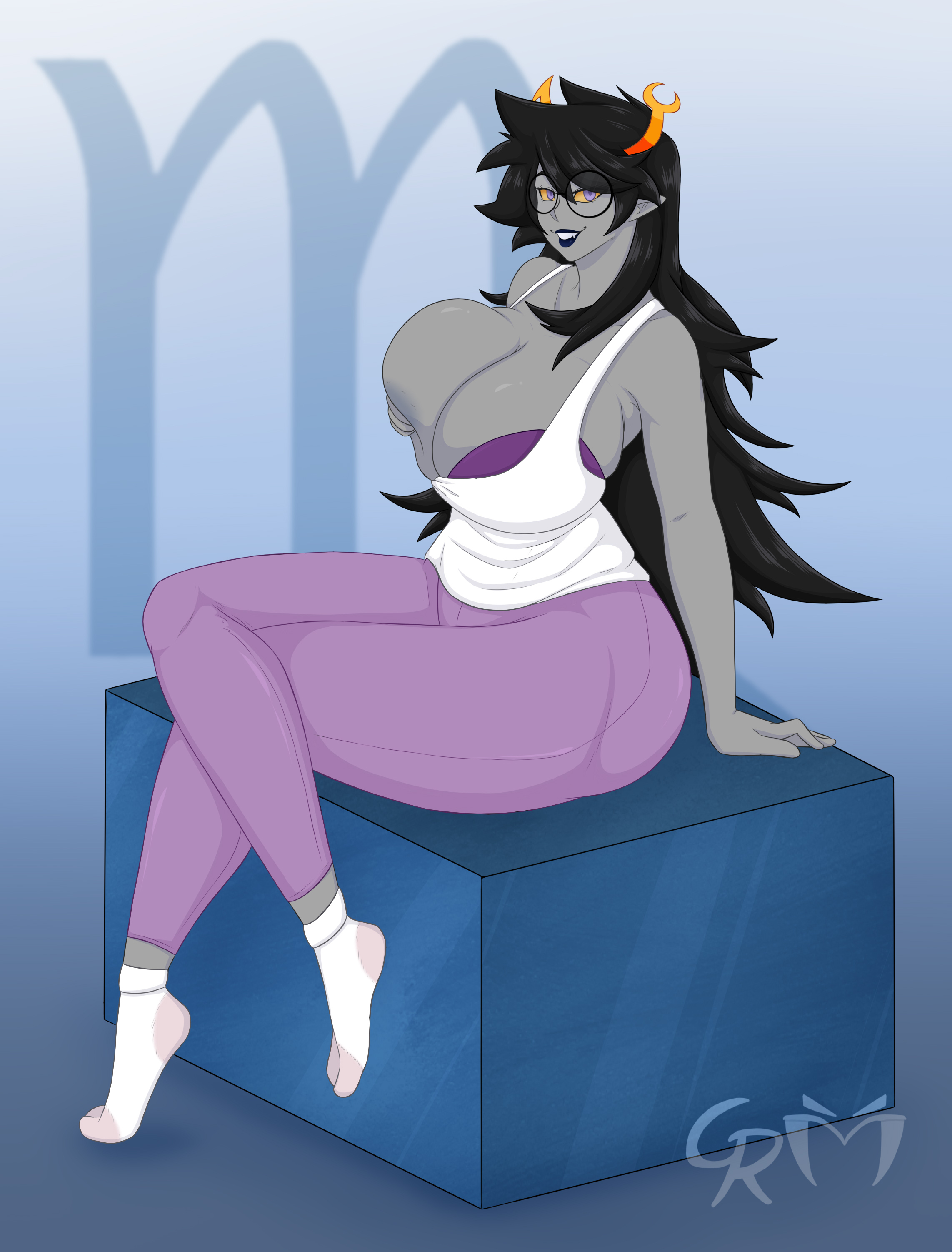 1girls, 2022, 2d, areolae, black hair, blue eyes, blue lips, bra, breast squish, breasts, casual clothes, clothing, commission, commissioner upload, crimsonreapress, exposed breasts, female, female only, glasses, grey skin, hand on breast, homestuck, horns, huge breasts, large breasts, leggings, long hair, looking at viewer, ms paint adventures, nipples, pointy ears, sitting, smile, solo, solo female, solo focus, troll, vriska serket