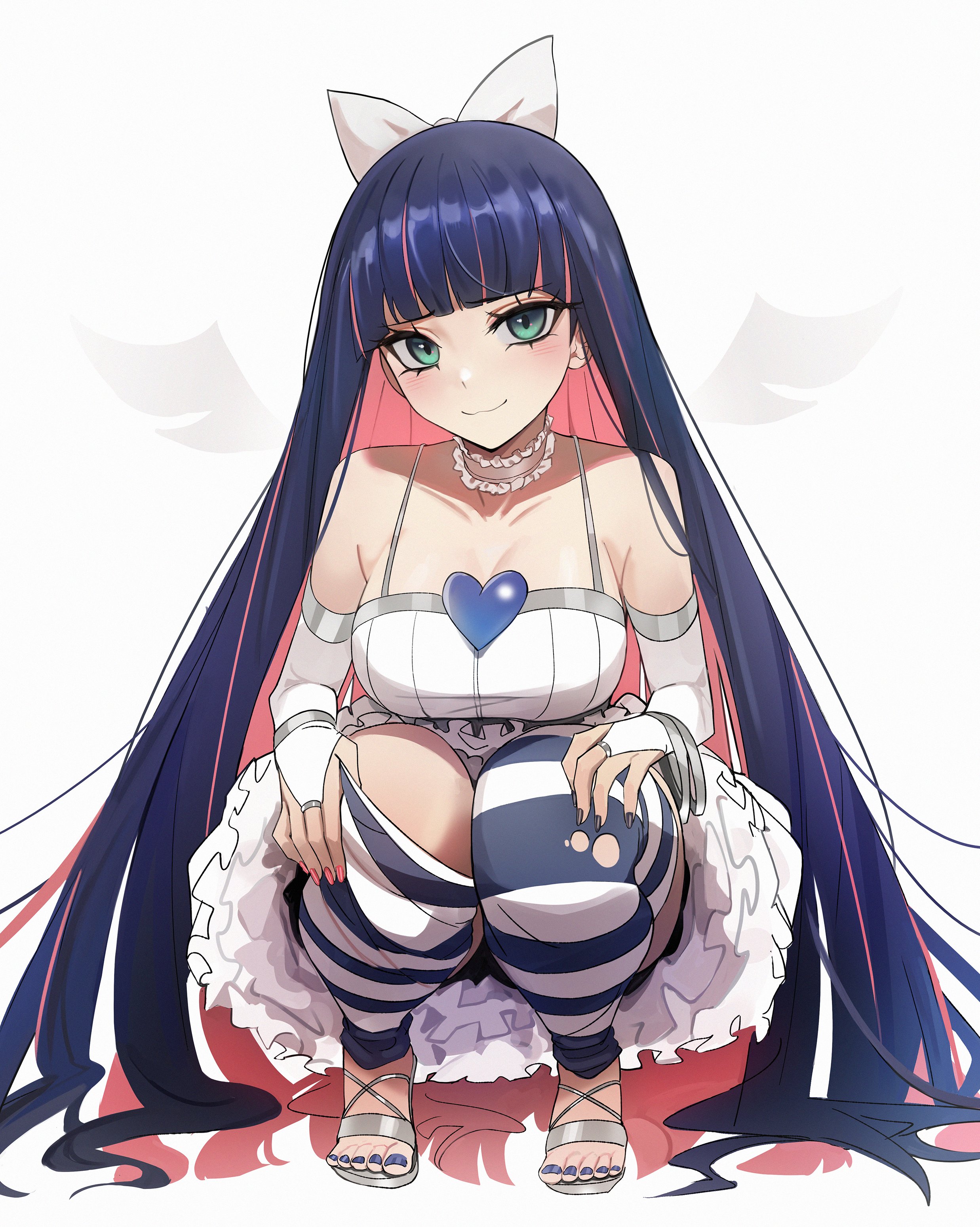 big breasts, breasts, female, goth, goth girl, gothic, kiritzugu, kneeling, large breasts, painted nails, painted toenails, panty & stocking with garterbelt, revealing clothes, shoulders, stocking anarchy, thick, thick thighs